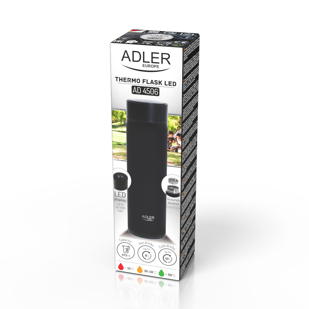 ADLER AD 4506bk 0,47 l - vakuumový termos na kávu a čaj z nerezové oceli s teploměrem