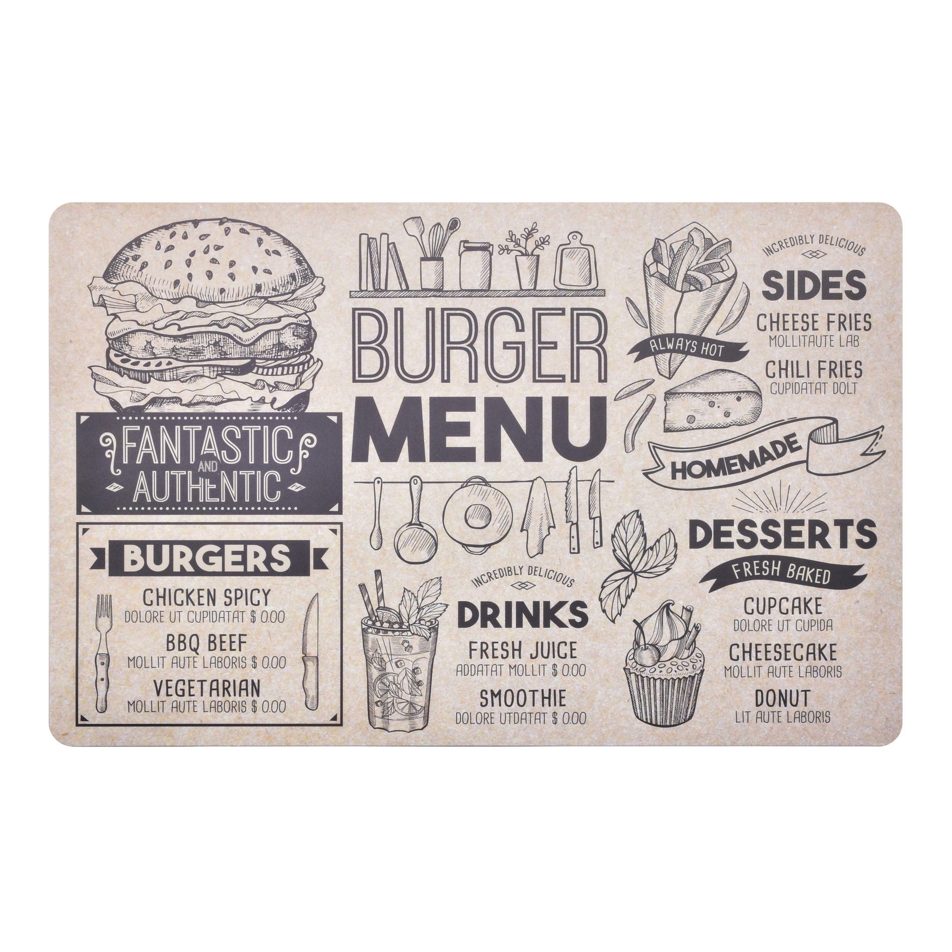 COOKINI BASIC KITCHEN BURGER MENU podložka na stůl / prostírání z polypropylenu 43,5 x 28,2 cm
