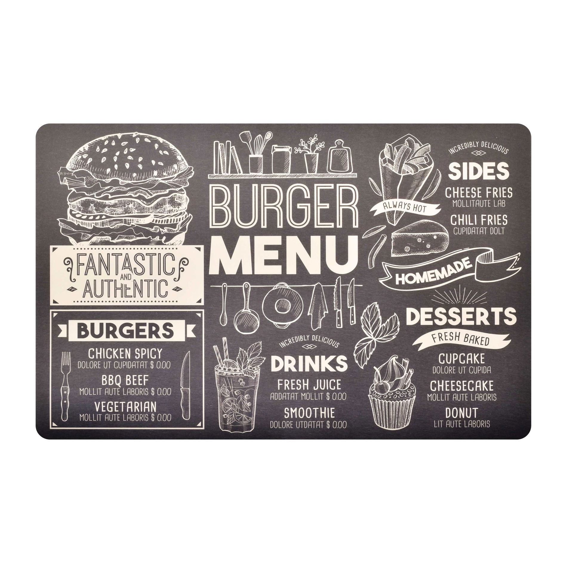COOKINI BASIC KITCHEN BURGER MENU II podložka na stůl / podložka na stůl z polypropylenu 43,5 x 28,2 cm