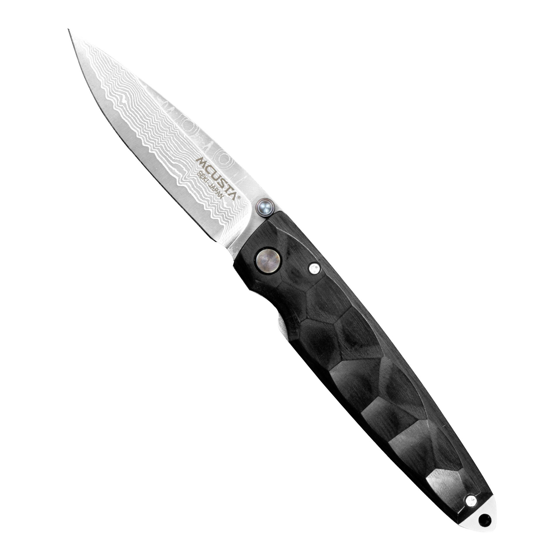 MCUSTA Shinra Emotion 2 Black Pakka Damascus 6,5 cm - japoński nóż survivalowy składany ze stali damasceńskiej