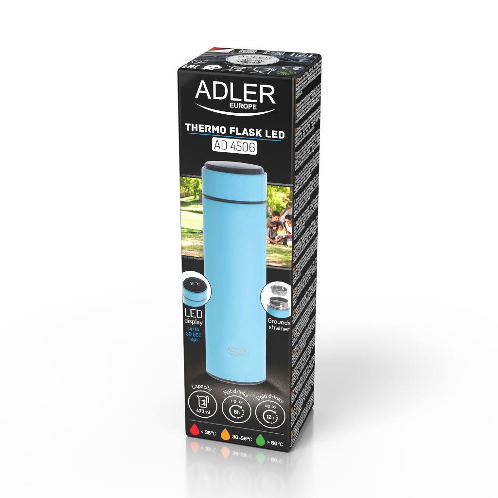 ADLER AD 4506bl 0,47 l - termoska na kávu a čaj z nerezové oceli s teploměrem