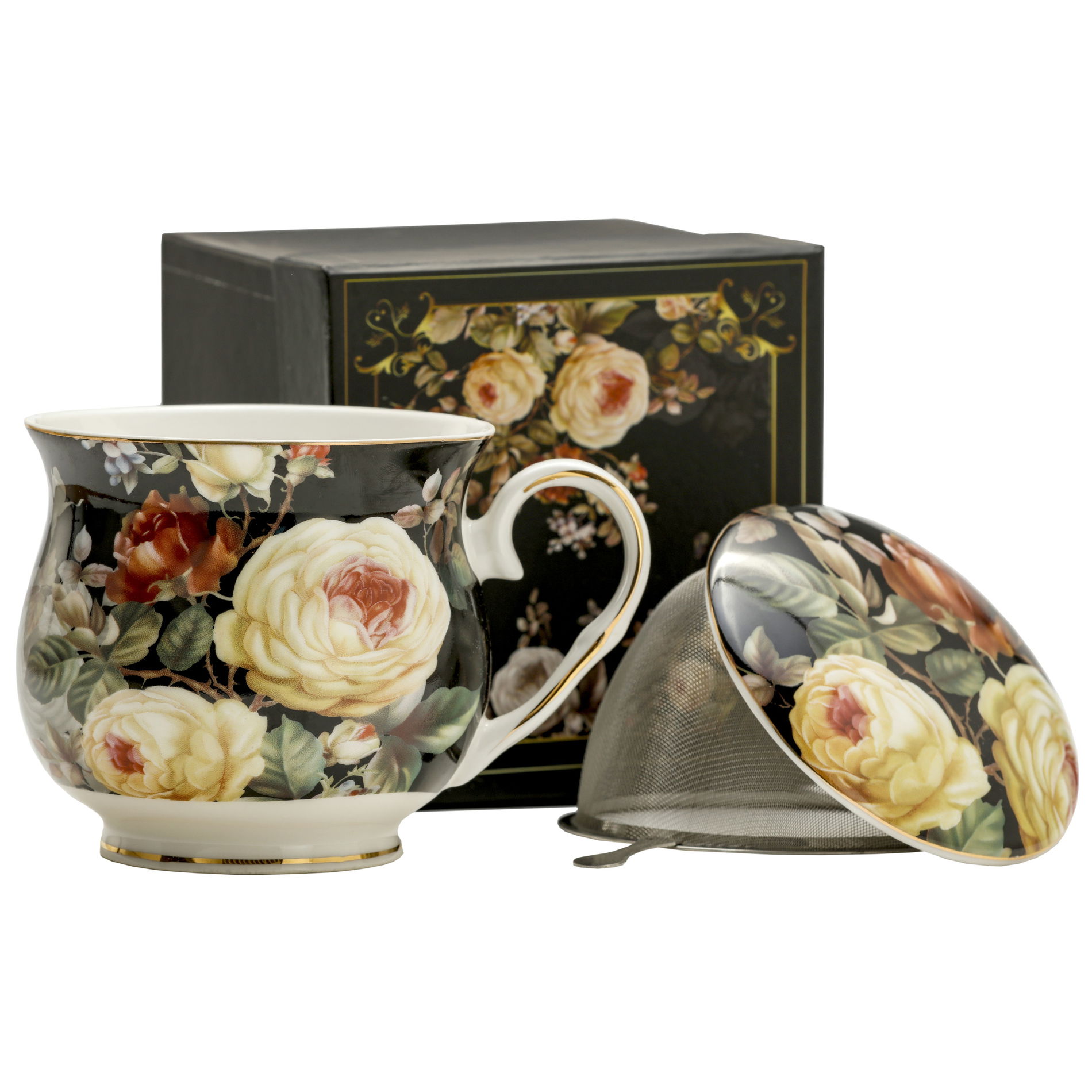 Porcelánový hrnek na sypaný čaj se sítkem a pokličkou RŮŽE černý 480 ml