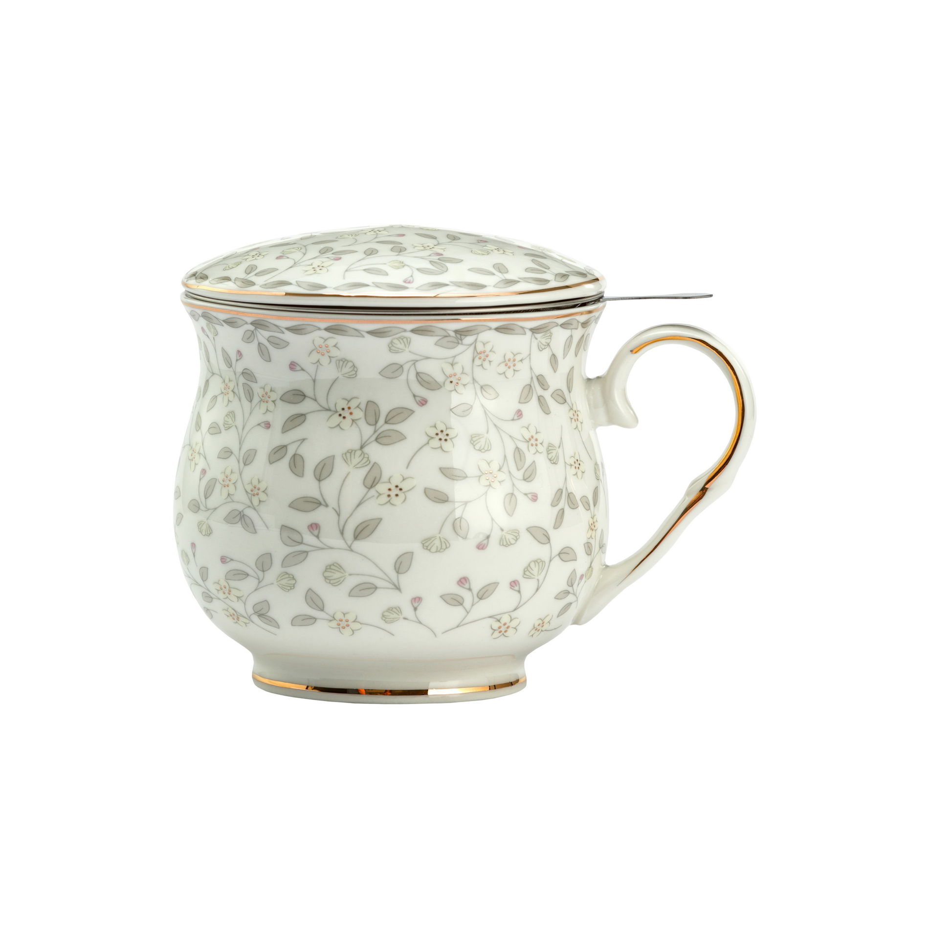 Porcelánový hrnček s čajovým infúzerom a vekom ALICE II BIELO-ŠEDÝ 480 ml