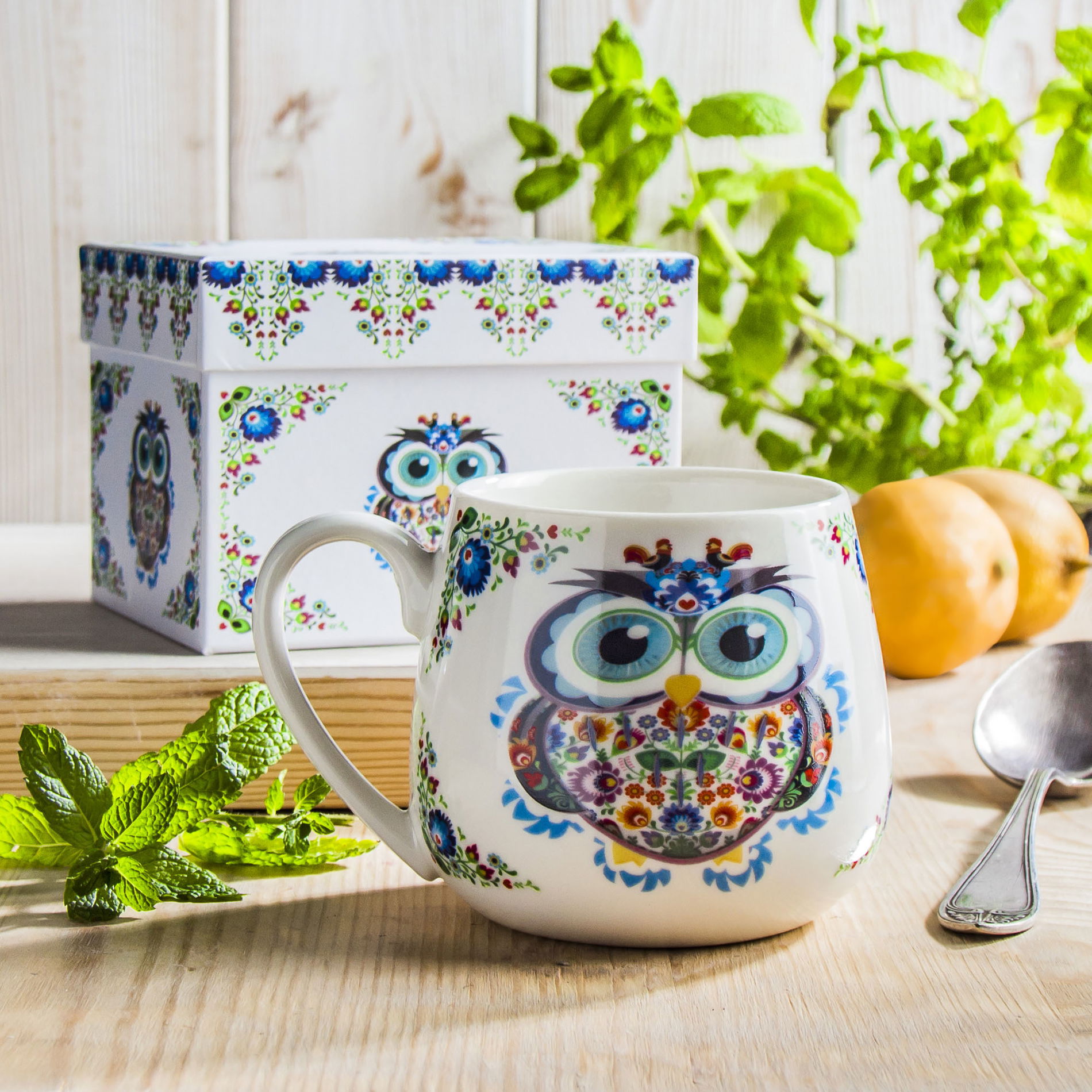 Porcelánový hrnček DUO ETNO SOVA BIELY 430 ml