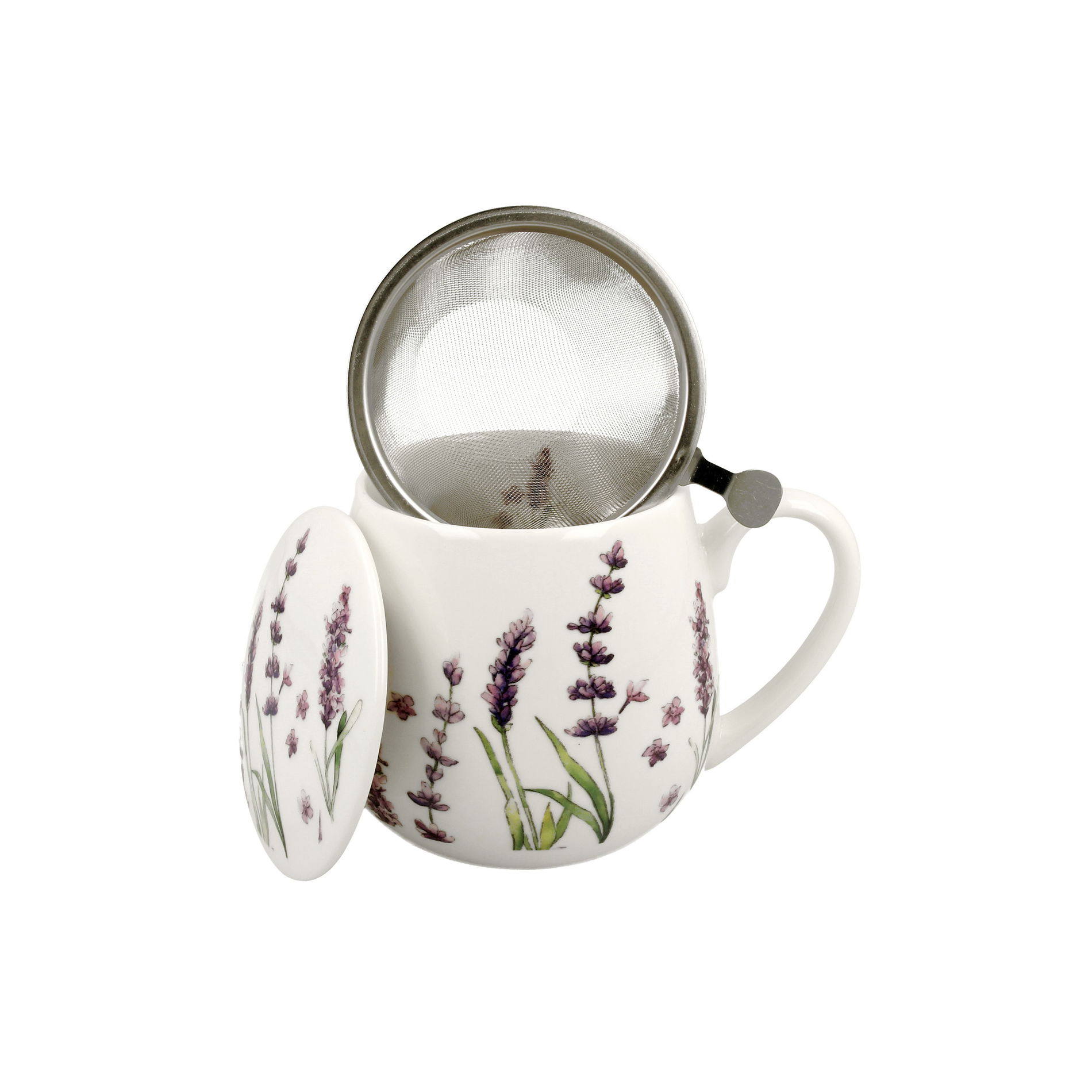 Porcelánový hrnek na sypaný čaj se sítkem a pokličkou DUO LAVENDER CLASSIC bílý 430 ml