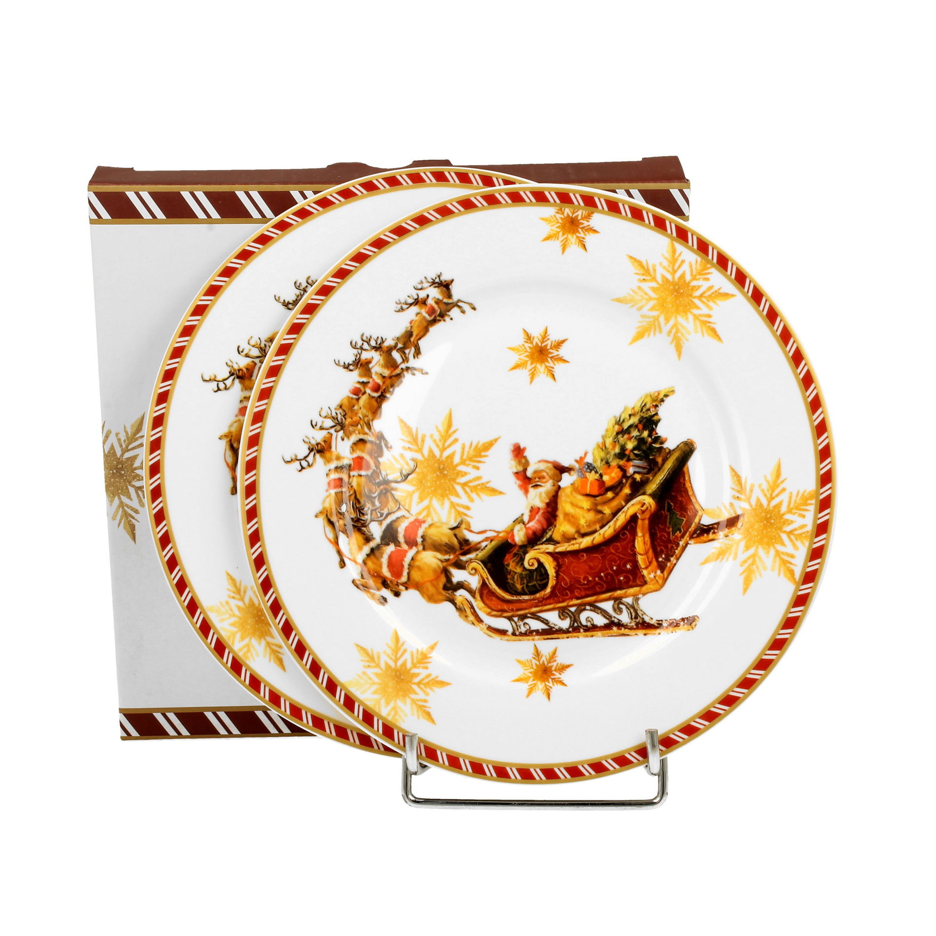 Vianočné dezertné taniere porcelánové DUO SANTA ON SLEIGH 19 cm 2 ks.