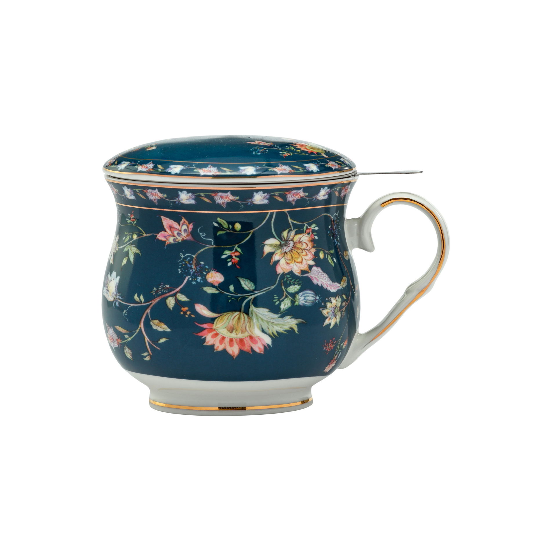 Porcelánový hrnček s čajovým infúzerom a vekom ŁĄKOWE KWIATY II MORSKI 480 ml