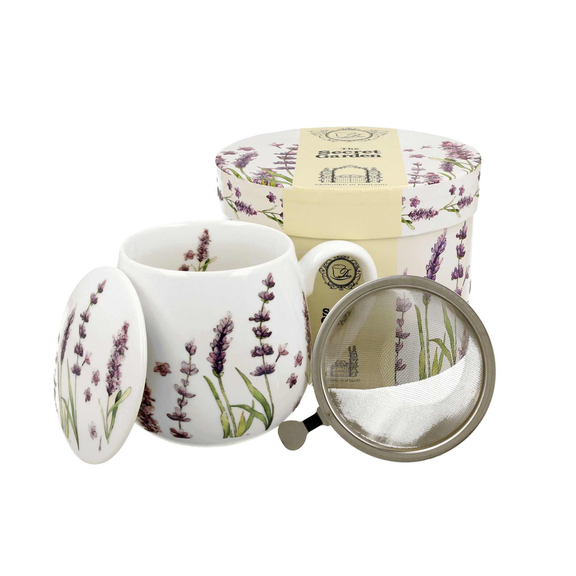 Porcelánový hrnek na sypaný čaj se sítkem a pokličkou DUO LAVENDER CLASSIC bílý 430 ml