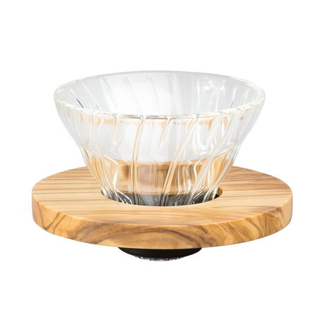 HARIO Dripper V60-01 Olive Wood – skleněný dripper na kávu s měrkou