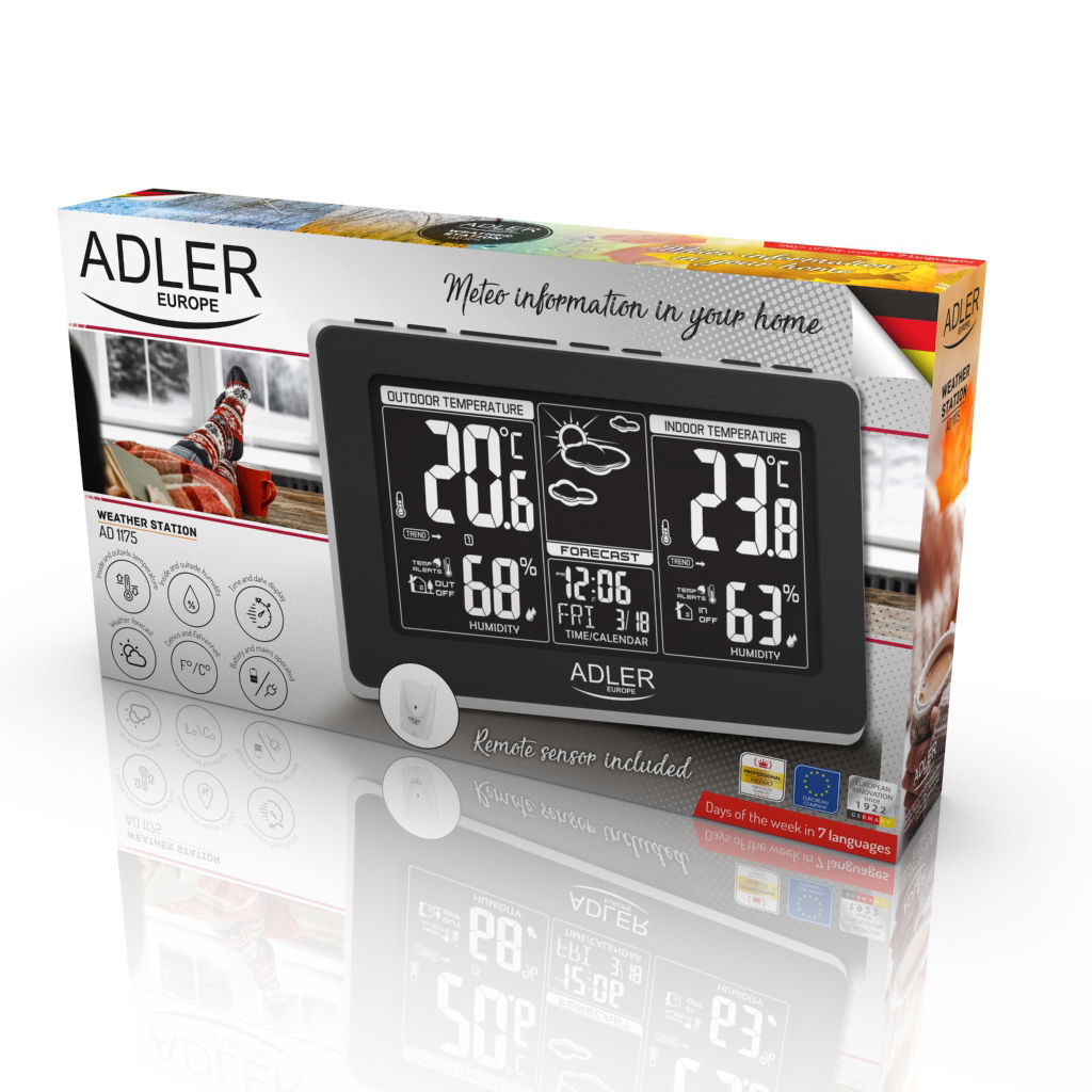 ADLER Blos 21 x 14 cm czarna - stacja pogodowa elektroniczna z czujnikiem zewnętrznym i wewnętrznym