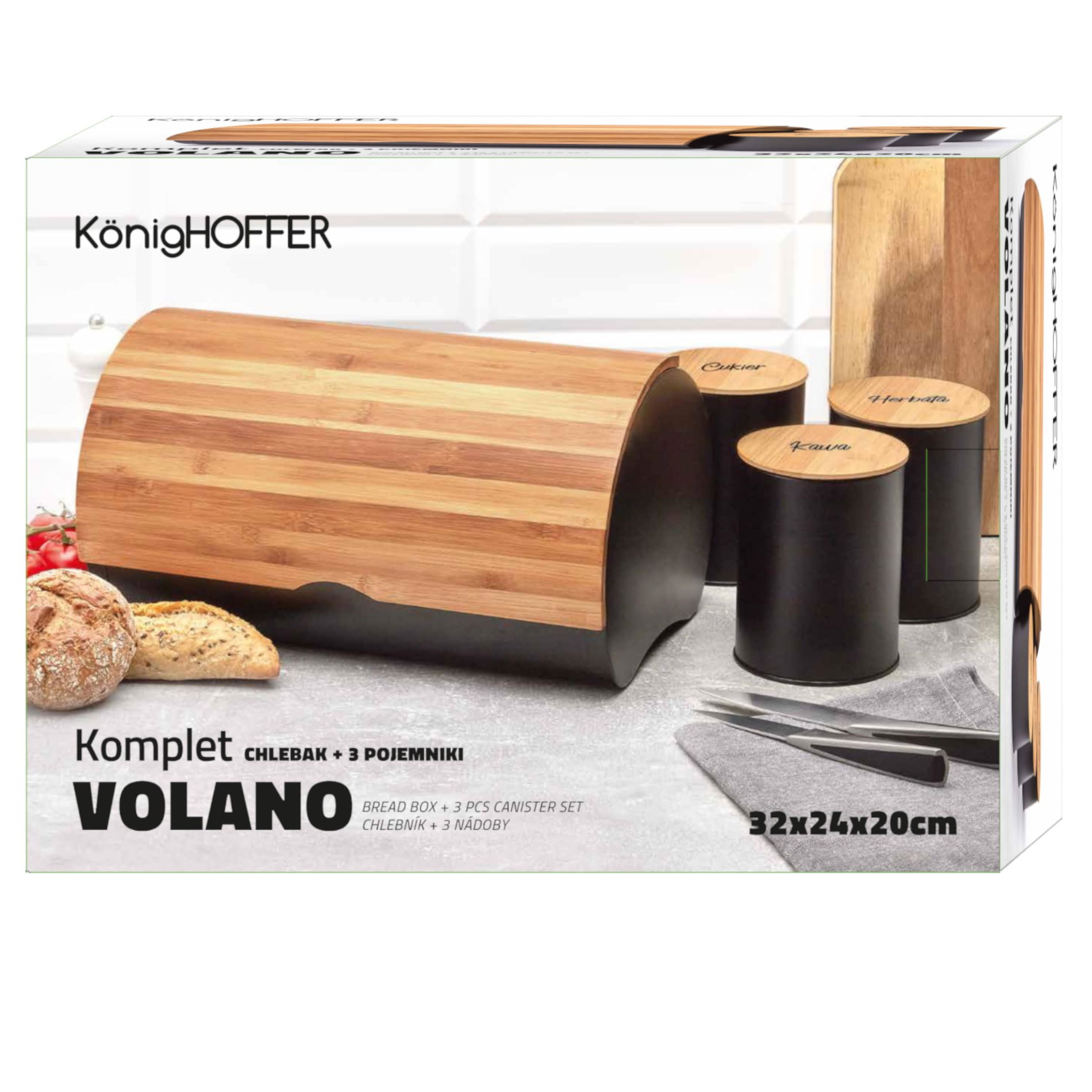 Chlebník z uhlíkové oceli s bambusovým víkem a nádobami KONIGHOFFER VOLANO