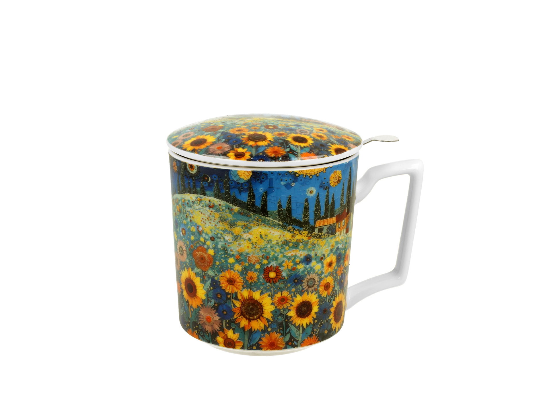 Kubek porcelanowy z zaparzaczem i pokrywką DUO MODERN SUNFLOWER FIELD 450 ml