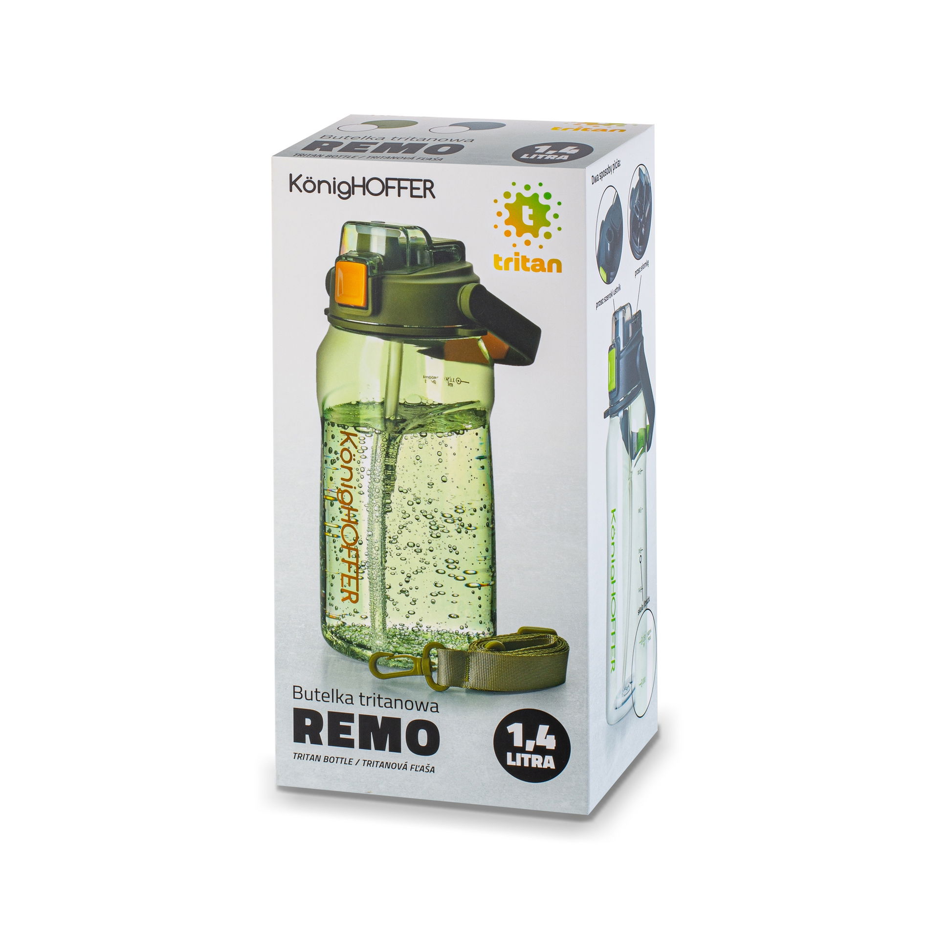 Láhev / láhev na vodu velká tritanová s brčkem a popruhem na nošení KONIGHOFFER REMO 1,4 l
