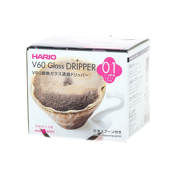 HARIO V60-01 Drip červený – skleněný dripper/filtr na kávu s měrkou