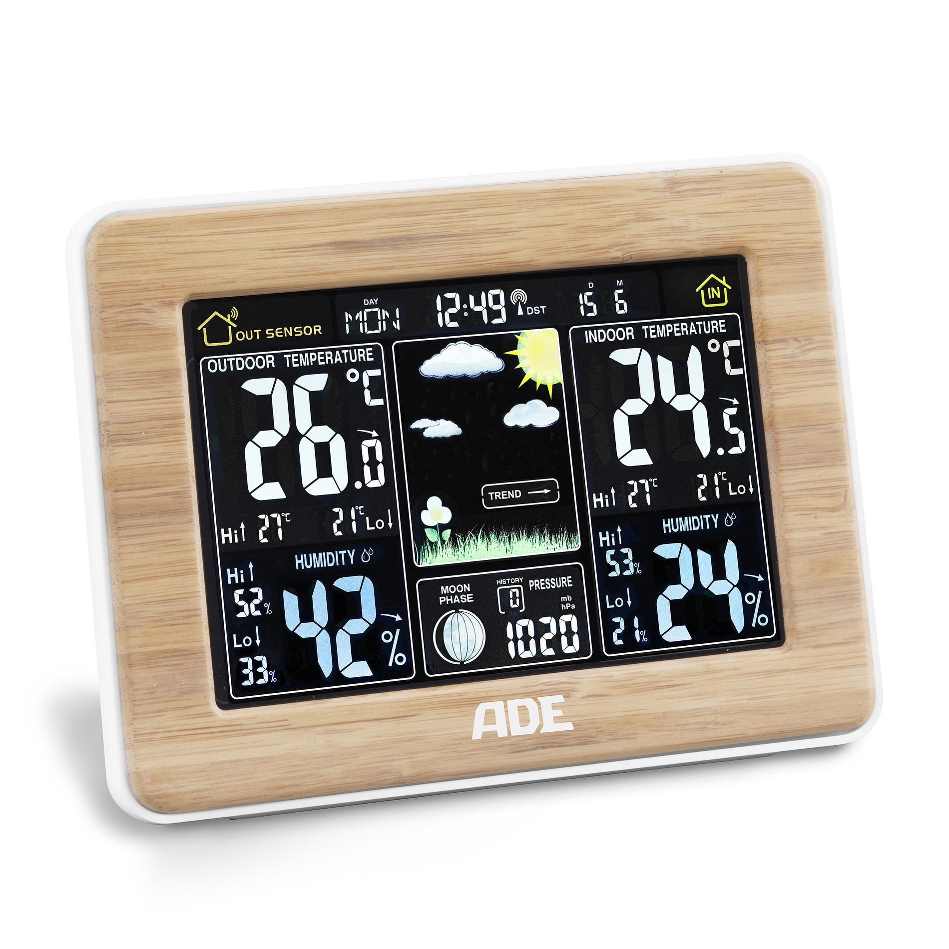 ADE Bamboo 16,5 x 12 cm brązowa - stacja pogodowa elektroniczna z czujnikiem zewnętrznym