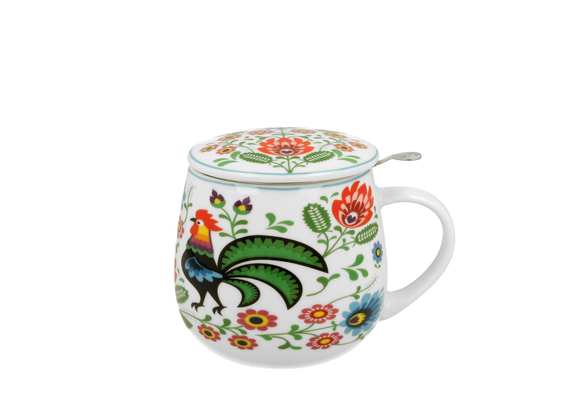Kubek porcelanowy z zaparzaczem i pokrywką DUO ETNO KOGUTY FOLK 430 ml