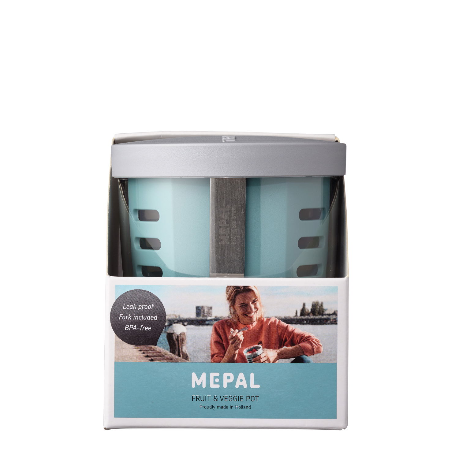 MEPAL Ellipse Fruit & Veggie Pot Nordic Green 0,6 l tyrkysová – plastová dóza na ovoce a zeleninu s vidličkou