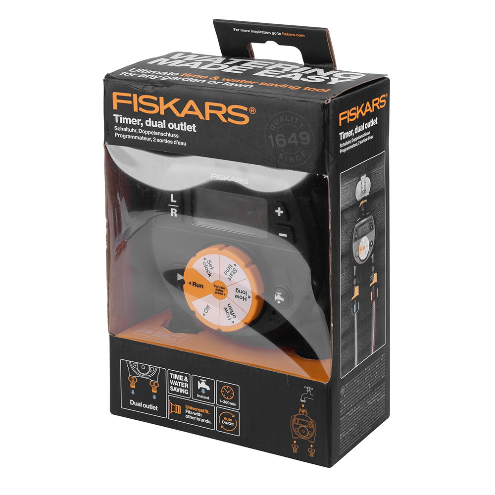 FISKARS Timer Dual čierny - dvojitý zavlažovací ovládač