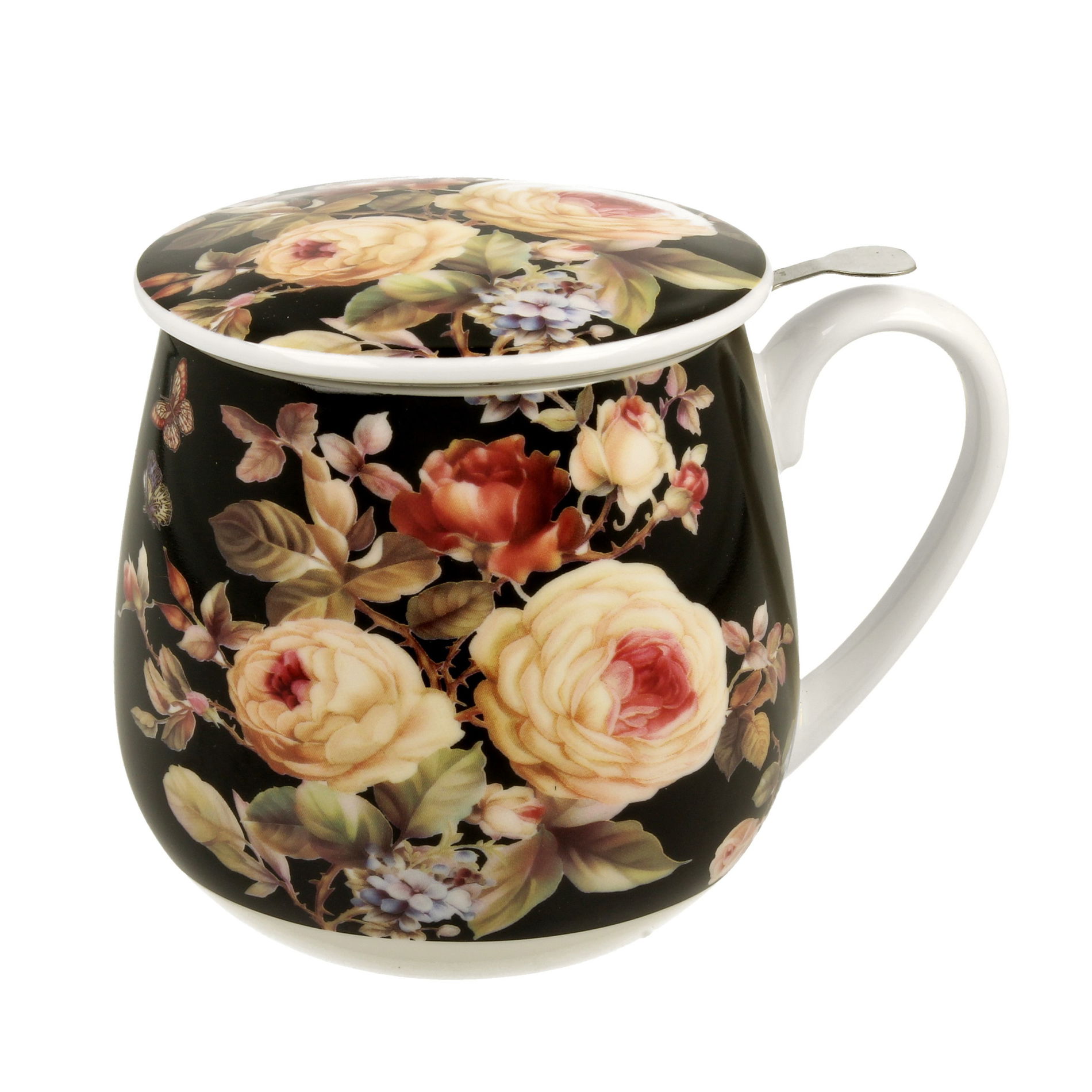 Porcelánový hrnek na sypaný čaj se sítkem a pokličkou DUO WARDA černý 430 ml
