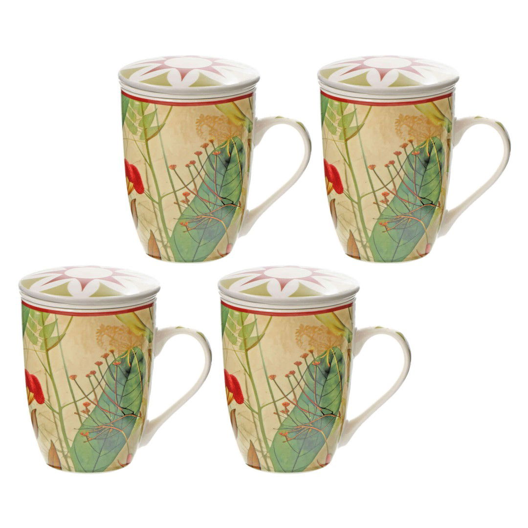 ROSE&TULIPANI MIRABILIA 4 ks, 300 ml - sada porcelánových hrnků se sítkem a víčkem, vánoční motiv, červené