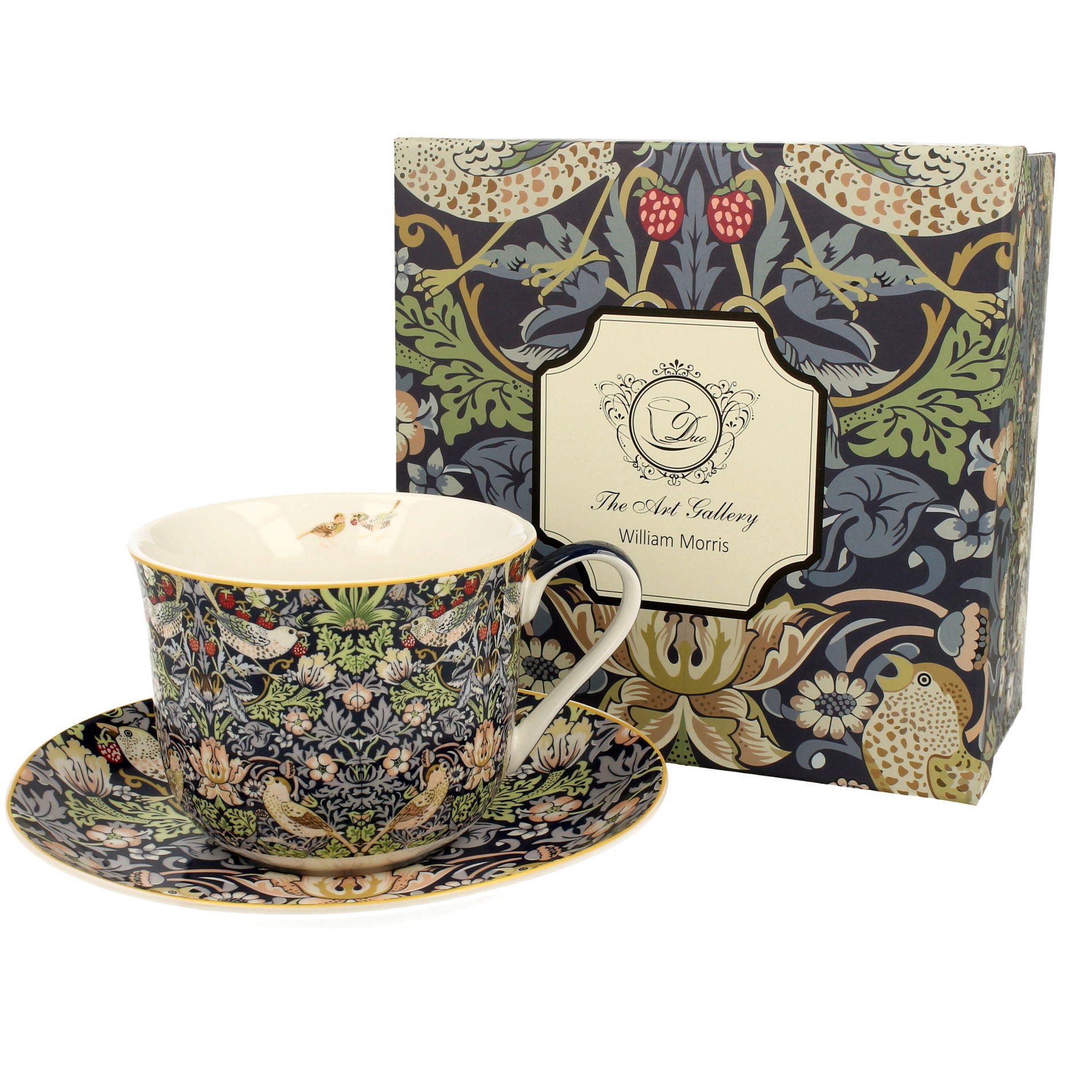DUO Art Gallery By William Morris Strawberry Thief 450 ml wielokolorowa - filiżanka do kawy i herbaty porcelanowa ze spodkiem
