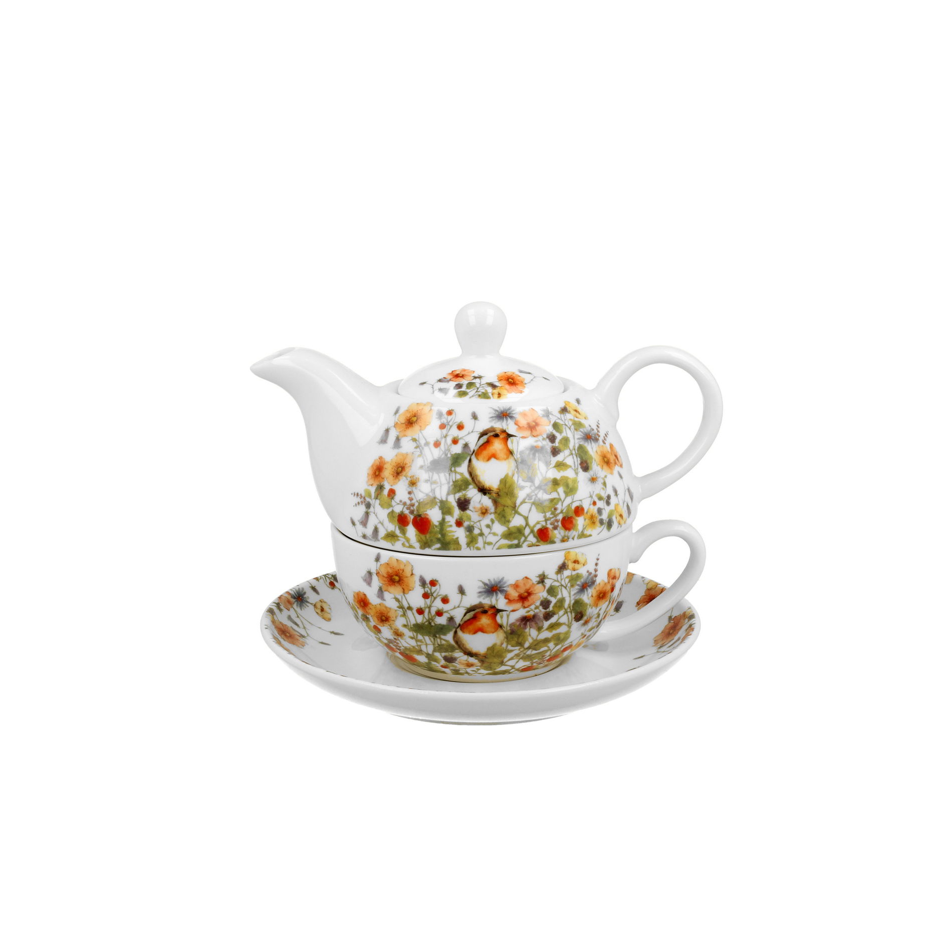 Porcelánová konvice na čaj a kávu s šálkem a podšálkem DUO WILD BIRD 0,35 l