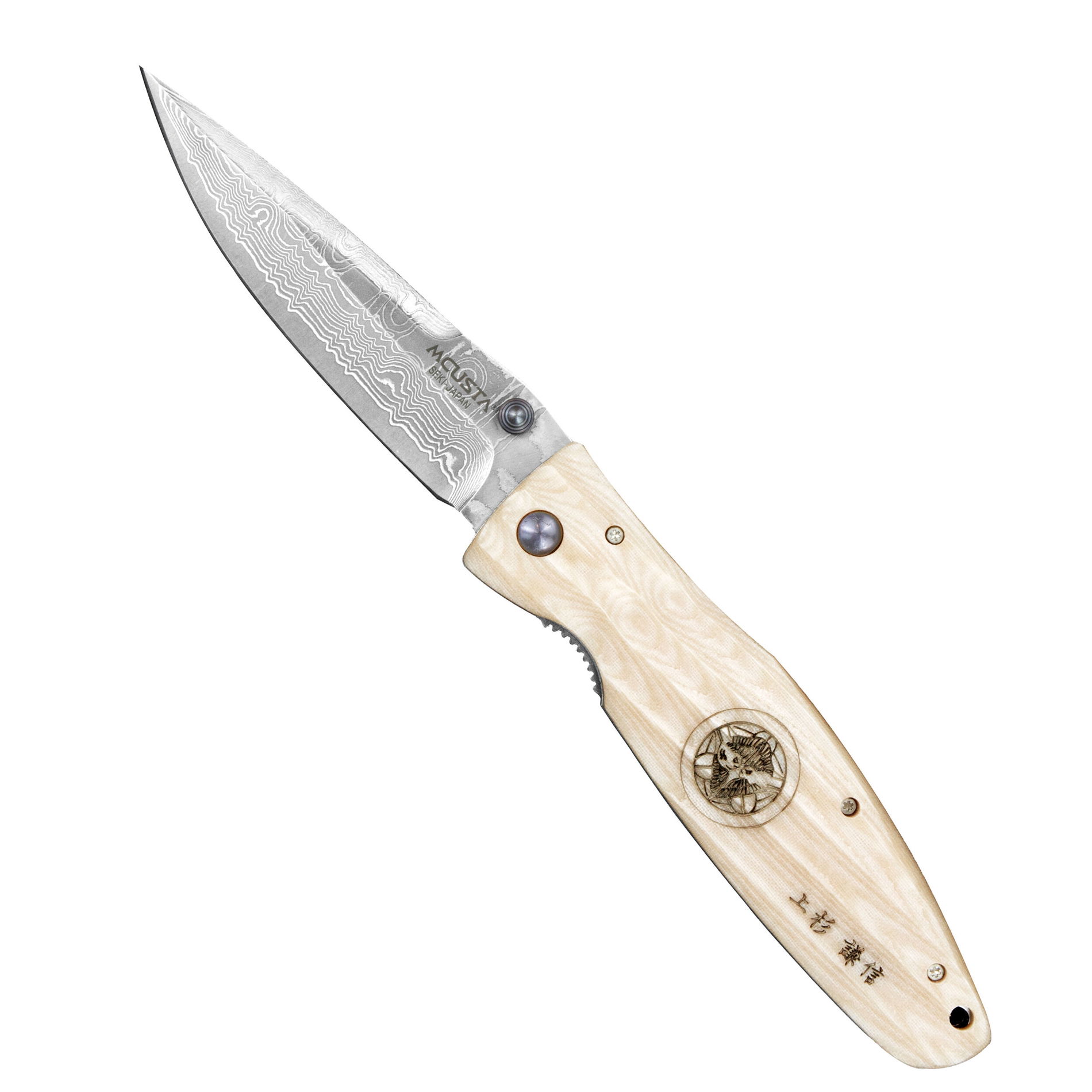MCUSTA Sengoku White Micarta Damascus 8,5 cm - japoński nóż survivalowy składany ze stali damasceńskiej