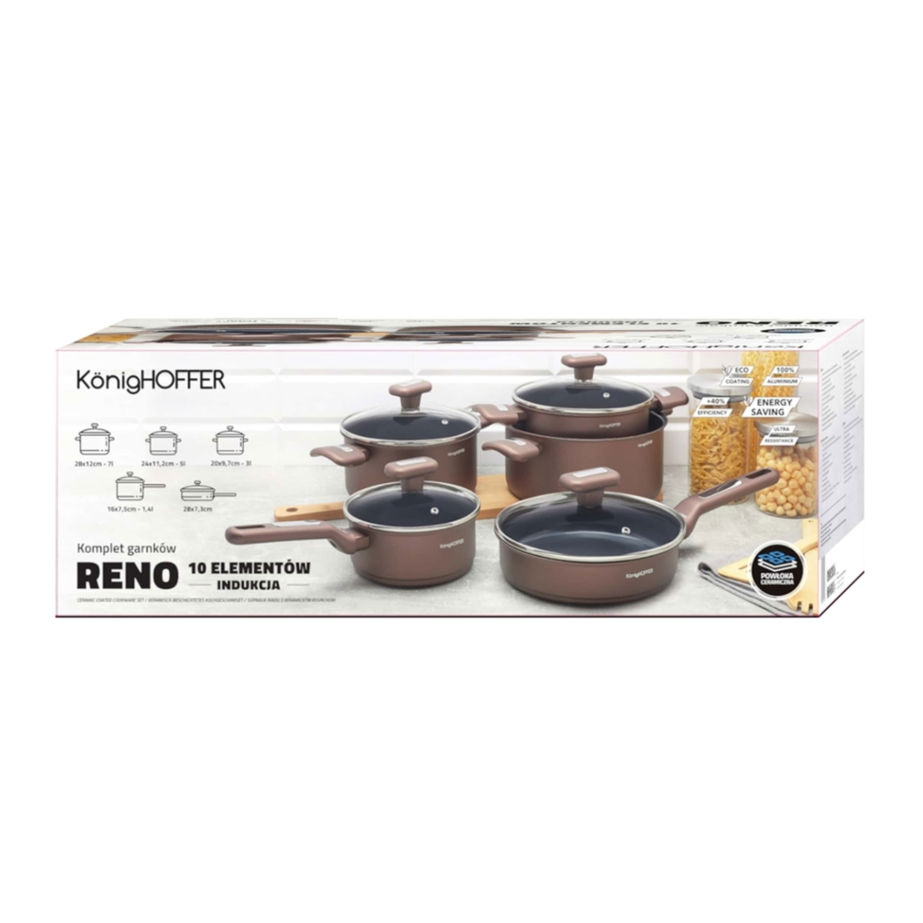 Sada 4 hliníkových hrnců a nepřilnavých pánví s pokličkami KONIGHOFFER RENO 10 el.