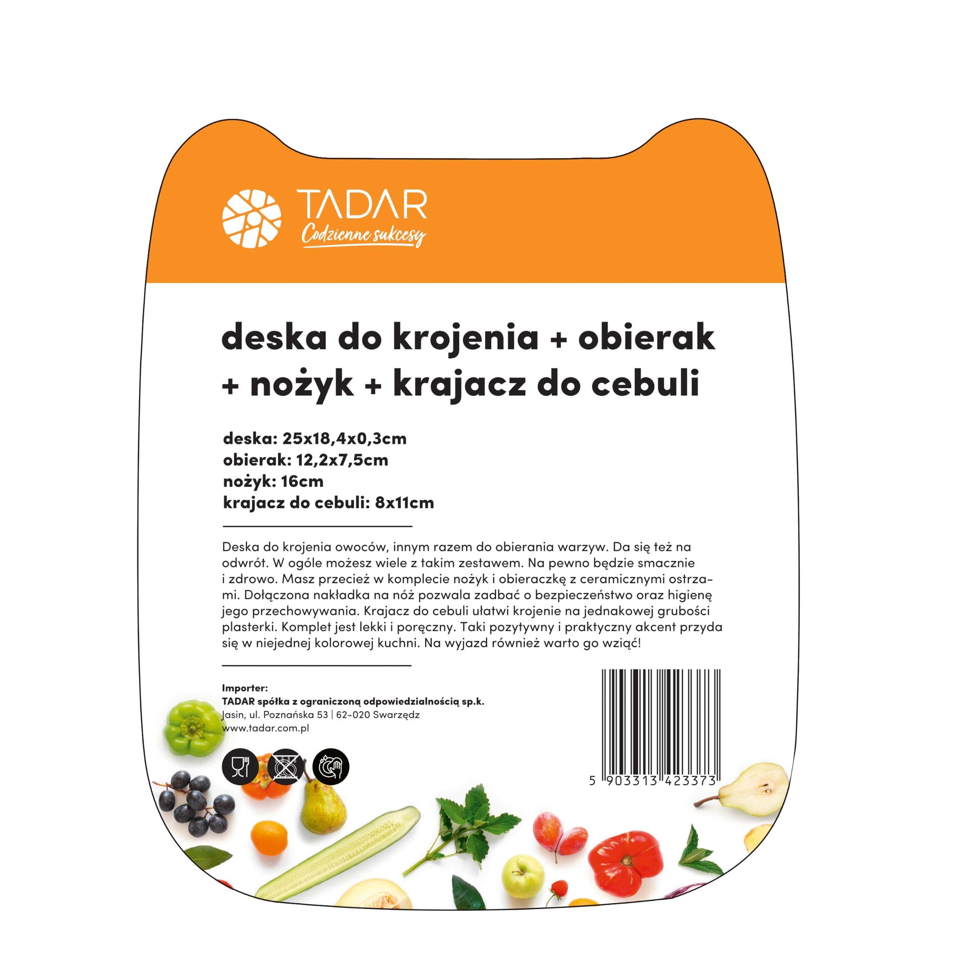 Deska do krojenia z nożykiem i obierakiem oraz krajaczem do cebuli TADAR 25 x 18,4 cm