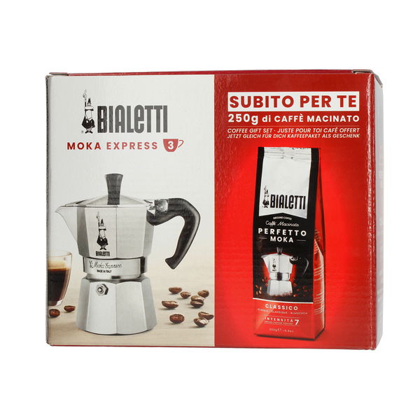 BIALETTI Moka Express na 3 filiżanki espresso (3 tz) - zestaw włoska kawiarka aluminiowa ciśnieniowa z kawą Perfetto Moka Classico 250g