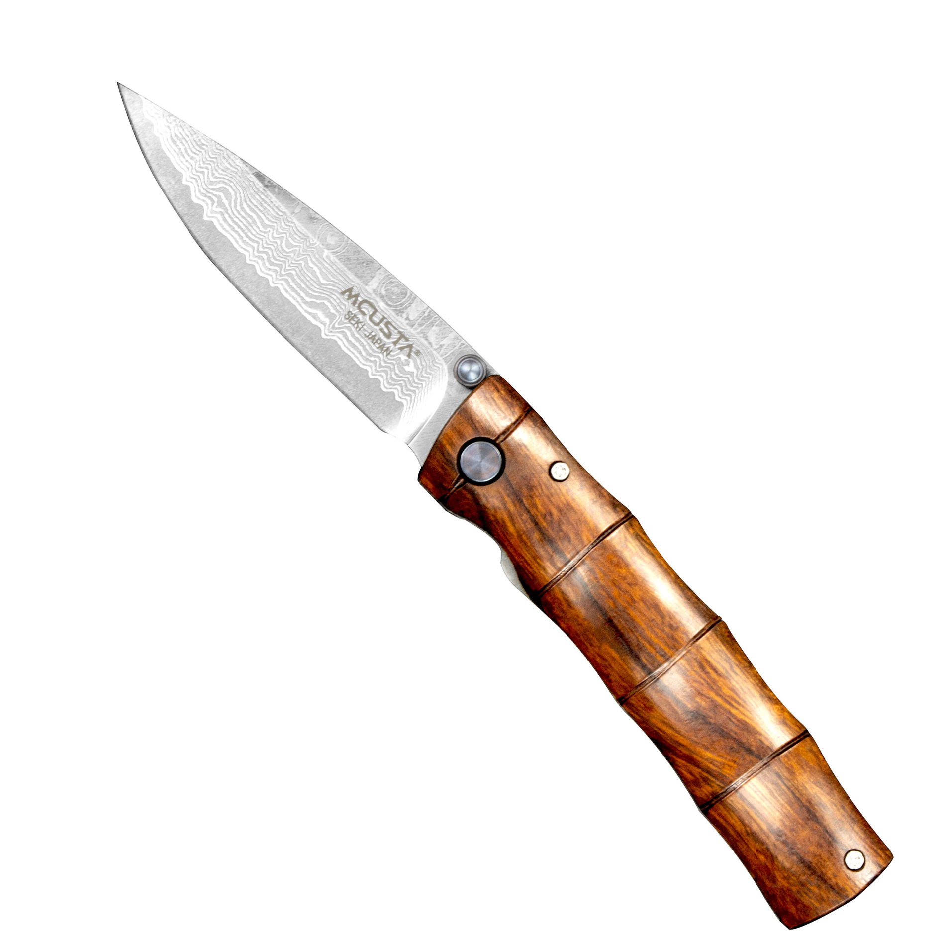 MCUSTA Shinra Emotion Iron wood Damascus 6,5 cm - japoński nóż survivalowy składany ze stali damasceńskiej