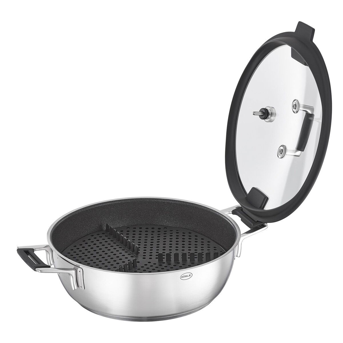 ROESLE Silence Pro 4,5 l - nerezová pánev s poklicí, roštem a vložkou pro vaření na páře