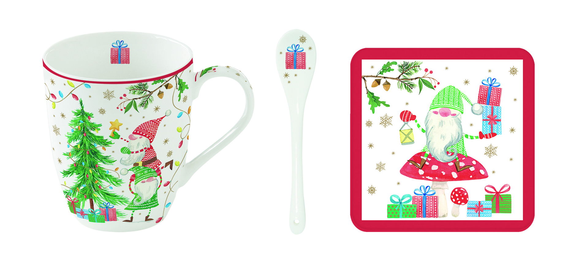 Porcelánový vianočný hrnček s lyžičkou a podložkou EASY LIFE READY FOR CHRISTMAS 300 ml