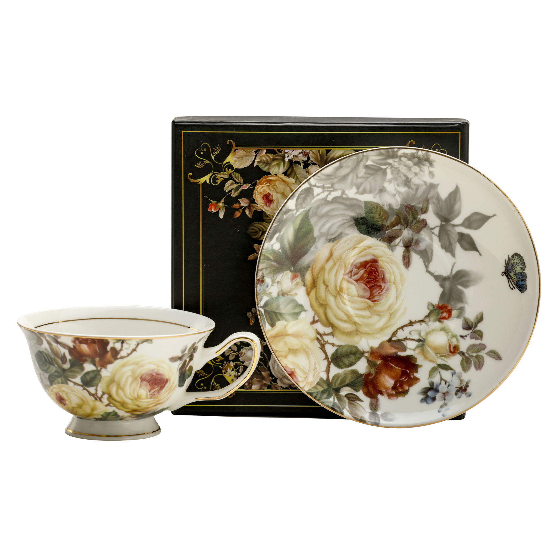 Porcelánový šálka na kávu a čaj s tanierikom KREMOVÁ RUŽA BIELA 200 ml