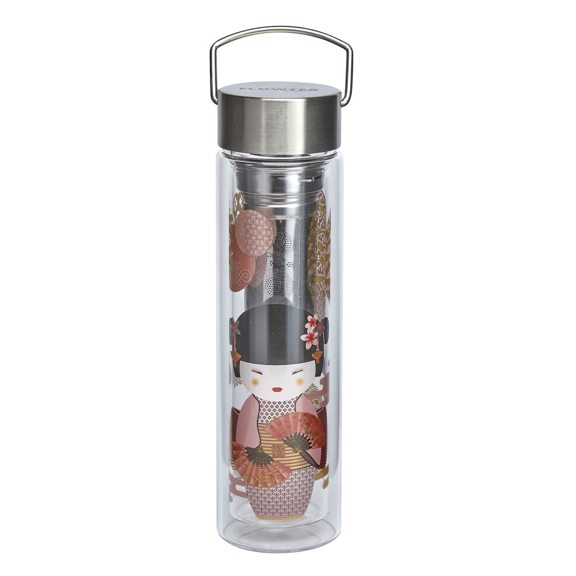 EIGENART FlowTea New Little Geisha 0,35 l růžová - skleněná láhev na čaj s dvojitou stěnou a infuzérem