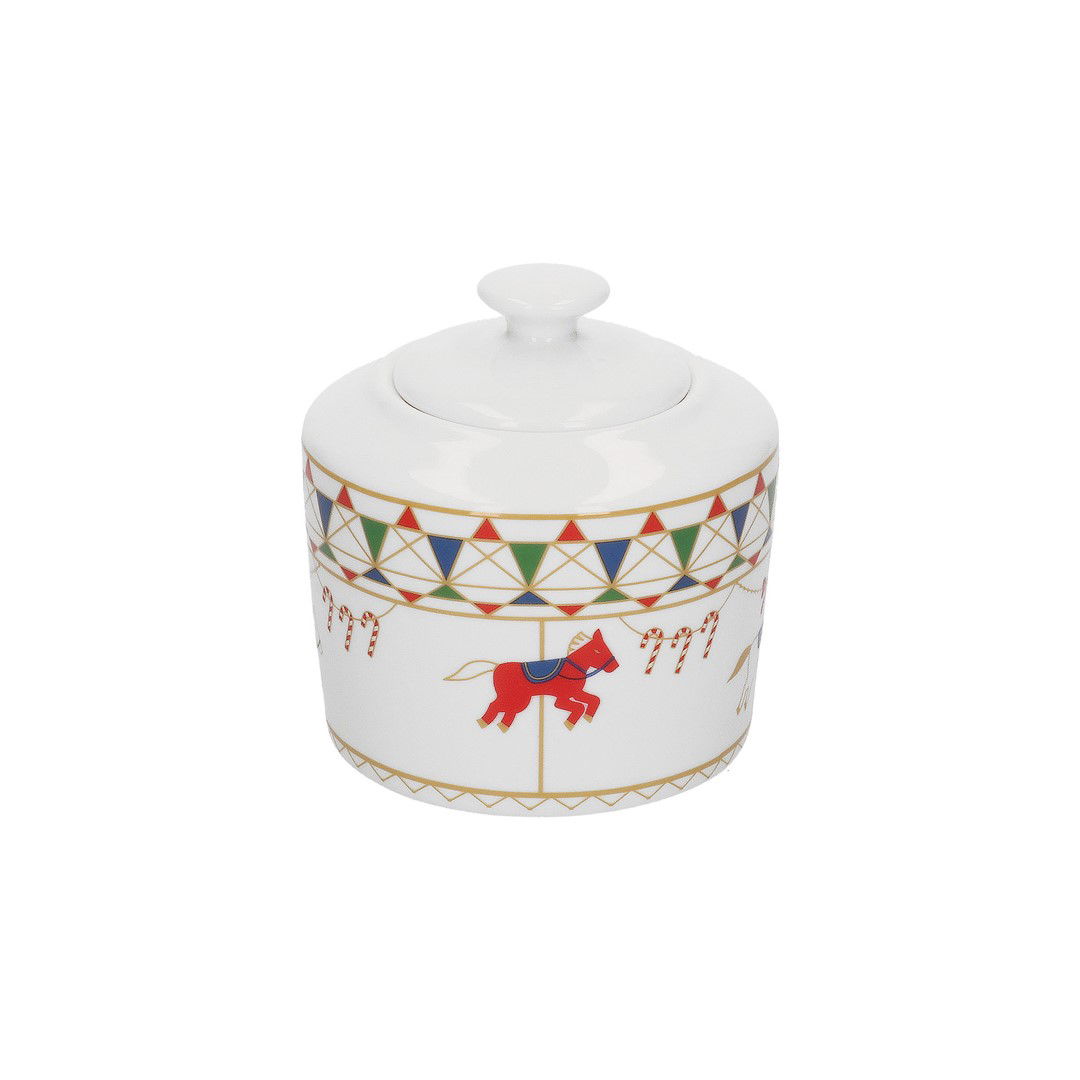 ROSE&TULIPANI XMAS CAROUSEL 300 ml - porcelánová cukřenka s víčkem a motivem kolotoče, bílo-červená