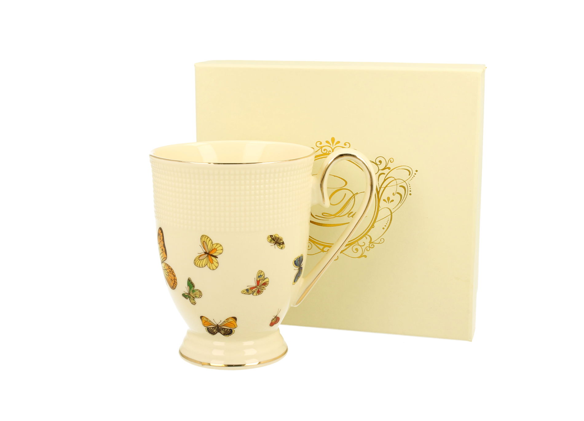 DUO ECRU MOTYLKI 400 ml – porcelánový hrnek na nožce