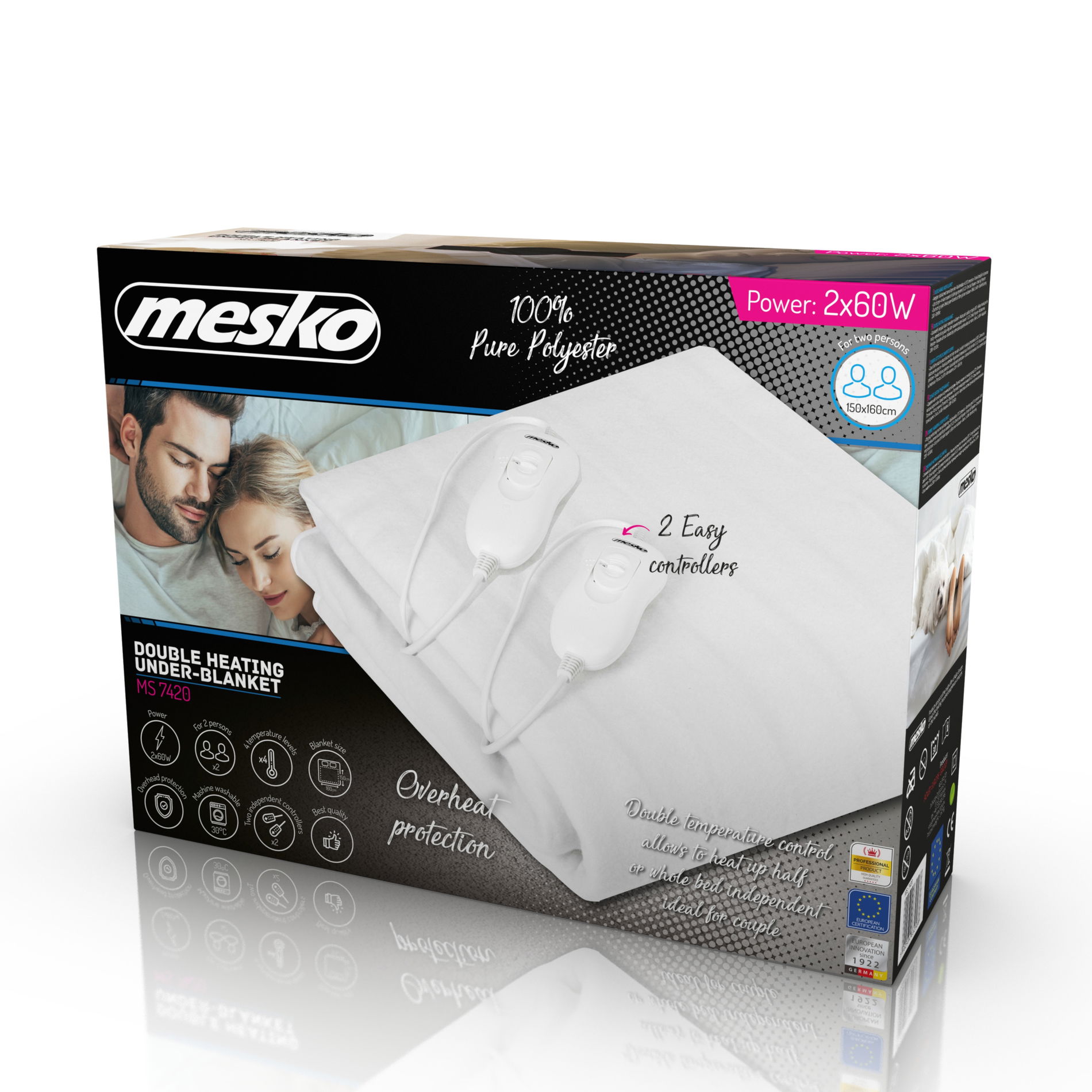 MESKO MS 7420 150 x 160 cm biely - elektrická deka z polyesteru