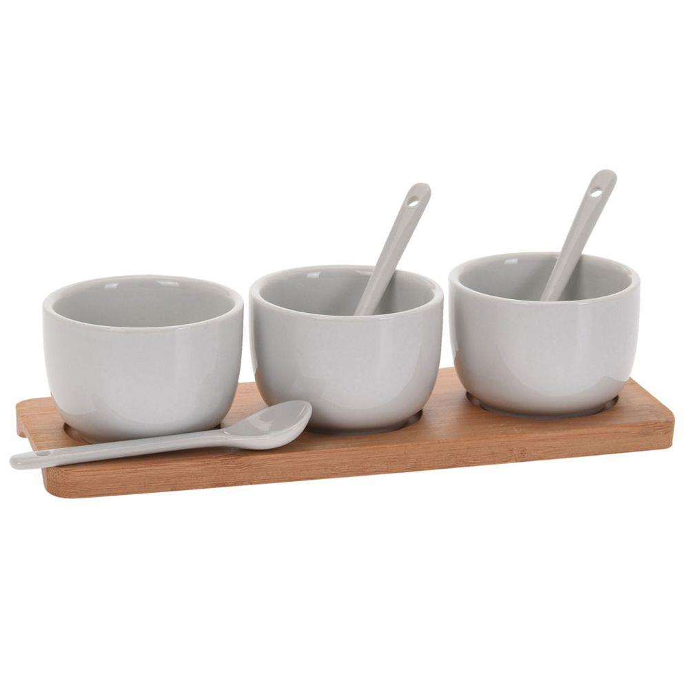 Miseczki do dipów i na przekąski ceramiczne na podstawce z łyżeczkami EXCELLENT HOUSEWARE BAMBOO CUPS 3 szt.