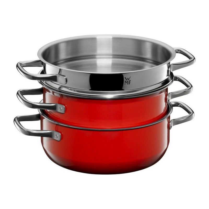 WMF Fusiontec Compact red - sada 2 nerezových hrnců s poklicí a napařovací vložkou