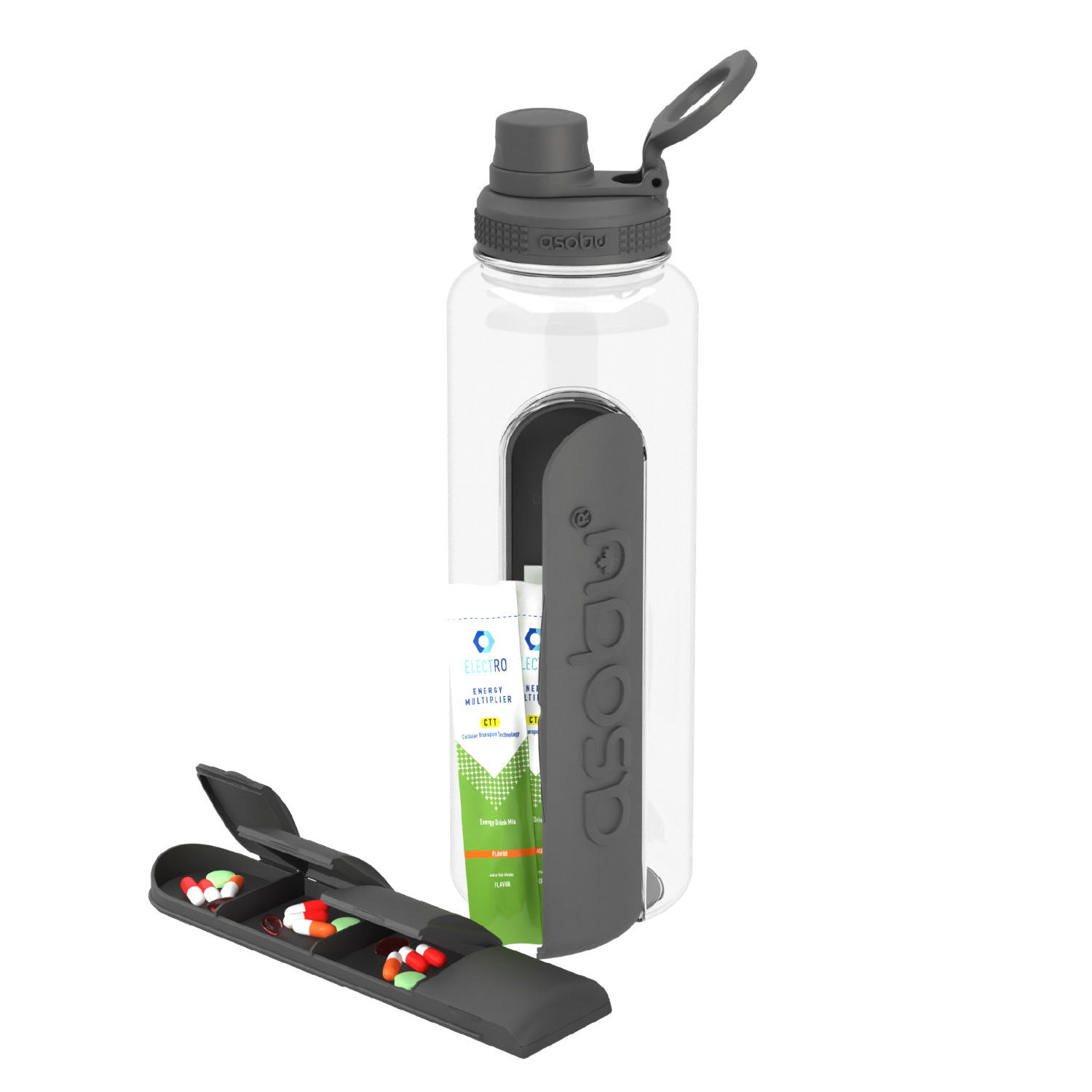 ASOBU Electrolyte Black 1,2 l - tritanová fľaša na vodu s kontajnermi na elektrolyty a doplnky