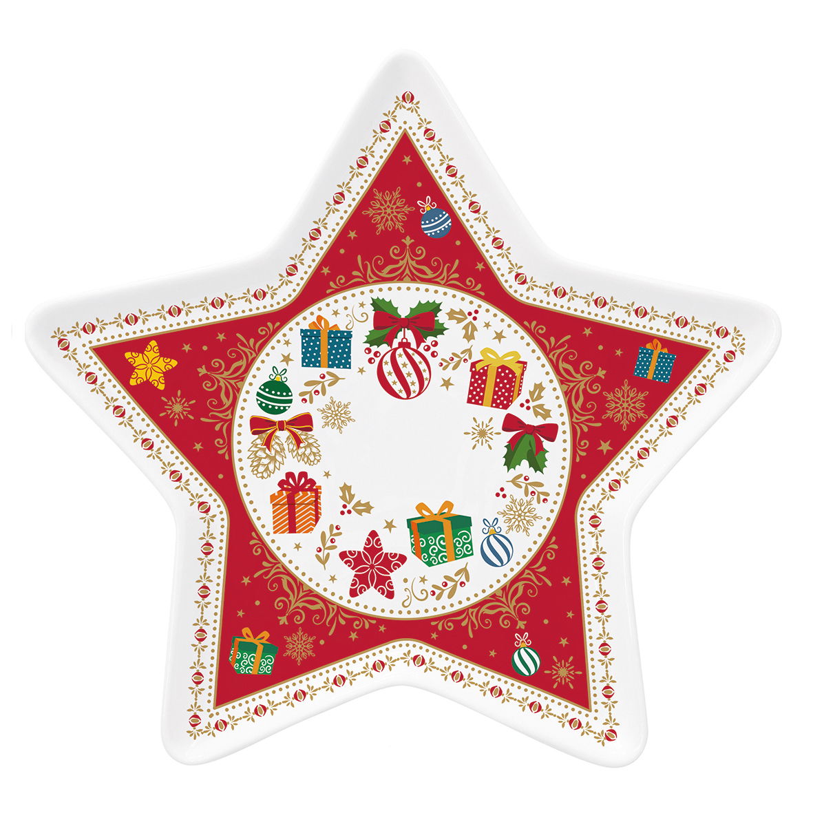 Dekorační porcelánový talíř MAGIC X-MASS BALLS STAR bílo-červený 20 cm