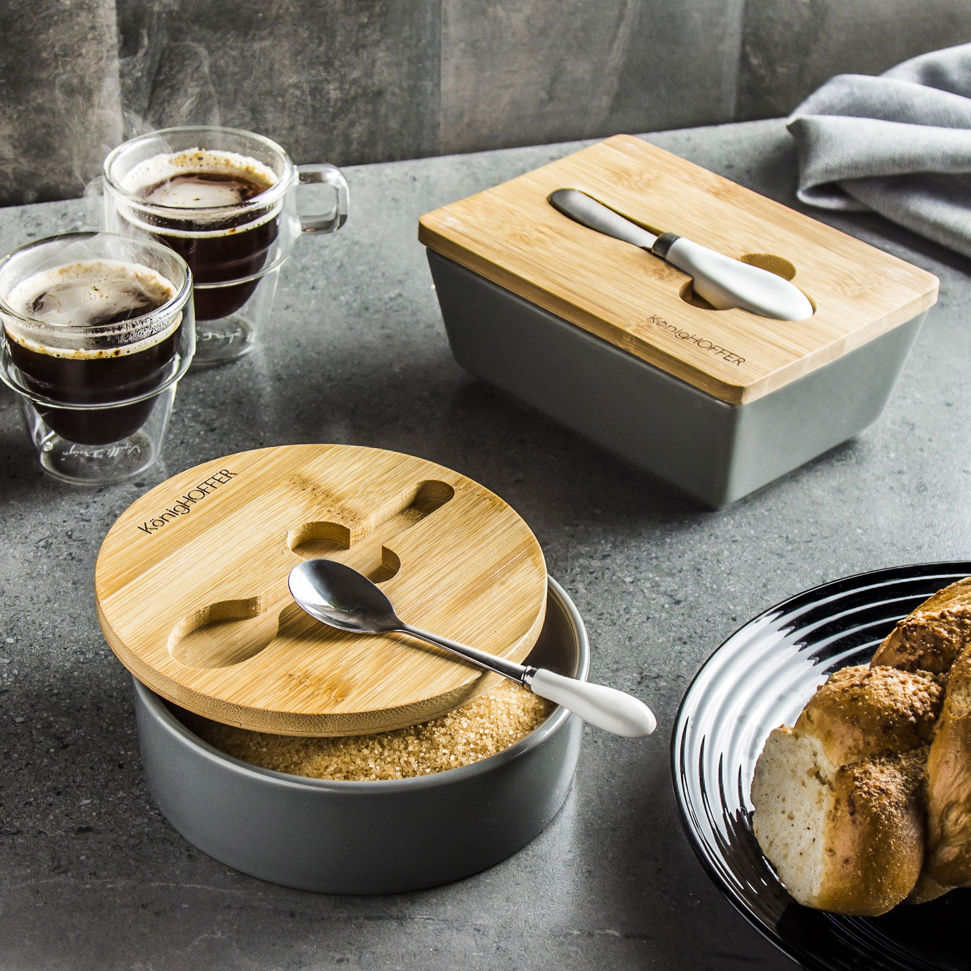 Porcelánová cukřenka s lžičkou KONIGHOFFER BAMBOO WOOD šedá 350 ml