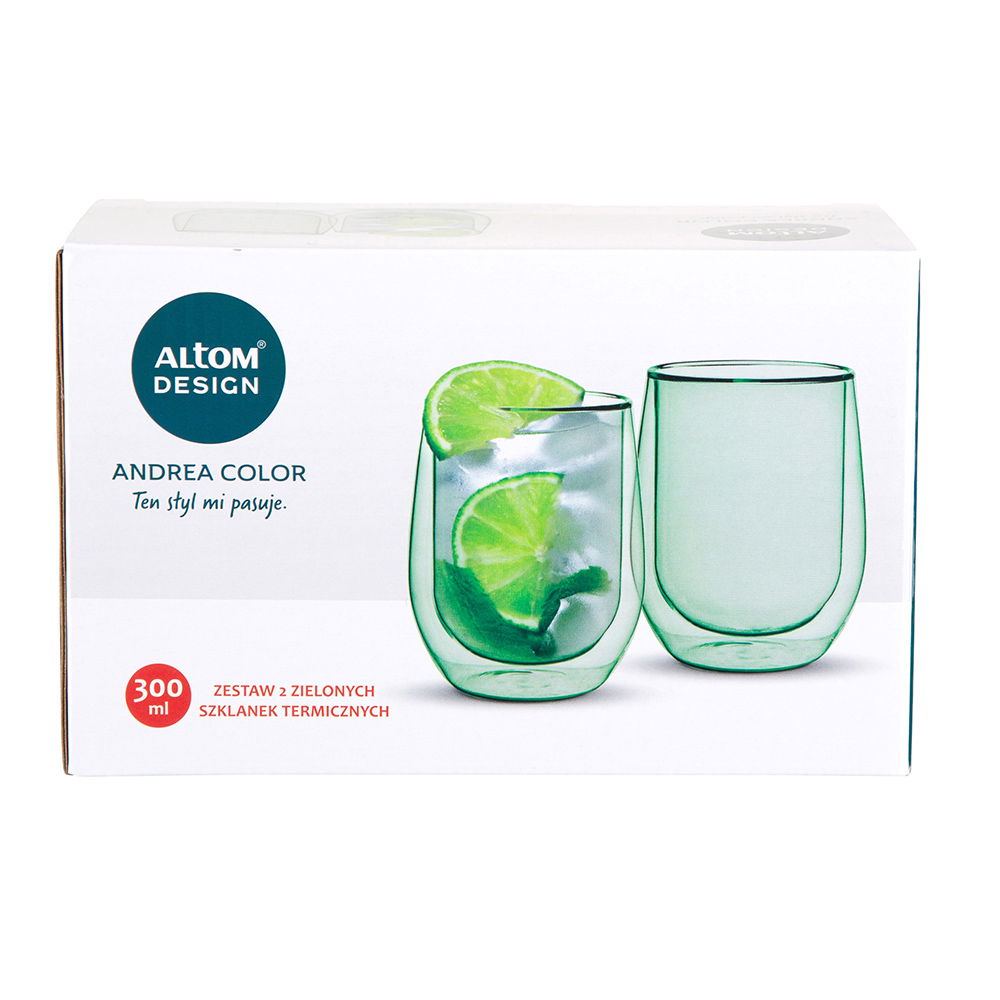 Sklenené termo poháre na kávu a čaj s dvojitými stenami ANDREA COLOR ZELENÉ 300 ml 2 ks