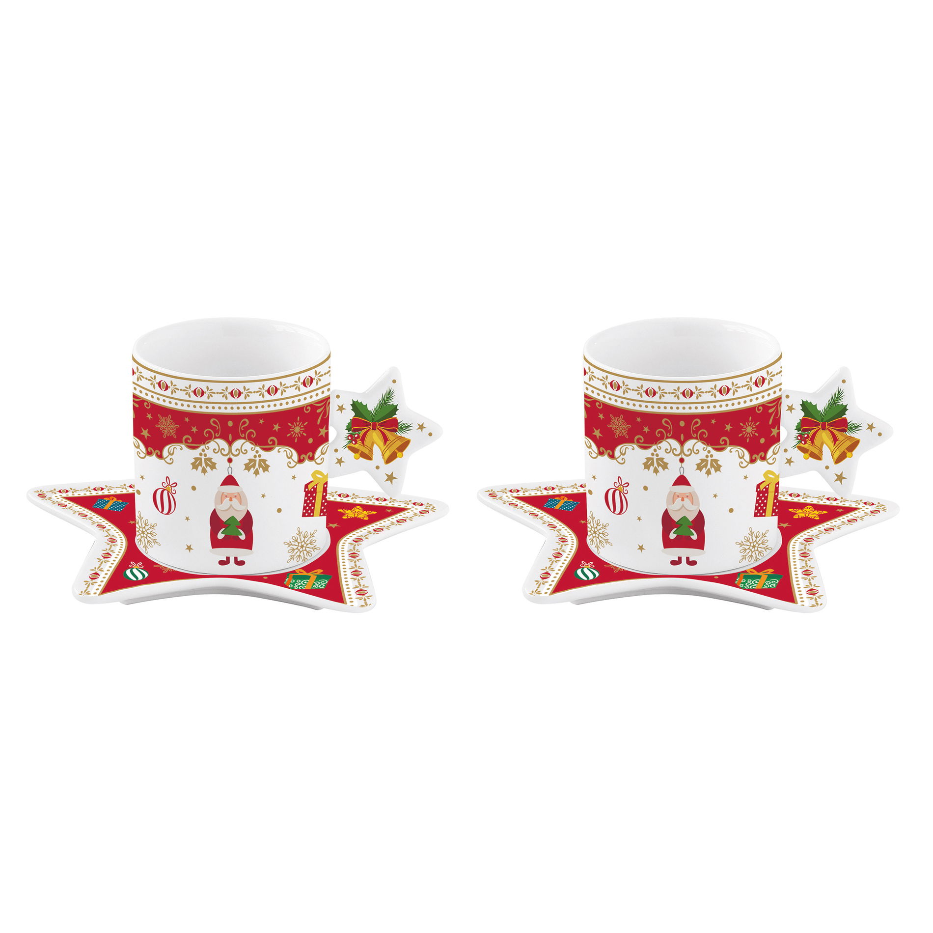 Porcelánové šálky na espresso s podšálky MAGICKÉ KULIČKY X-MASS BÍLÉ-ČERVENÉ 100 ml 2 ks