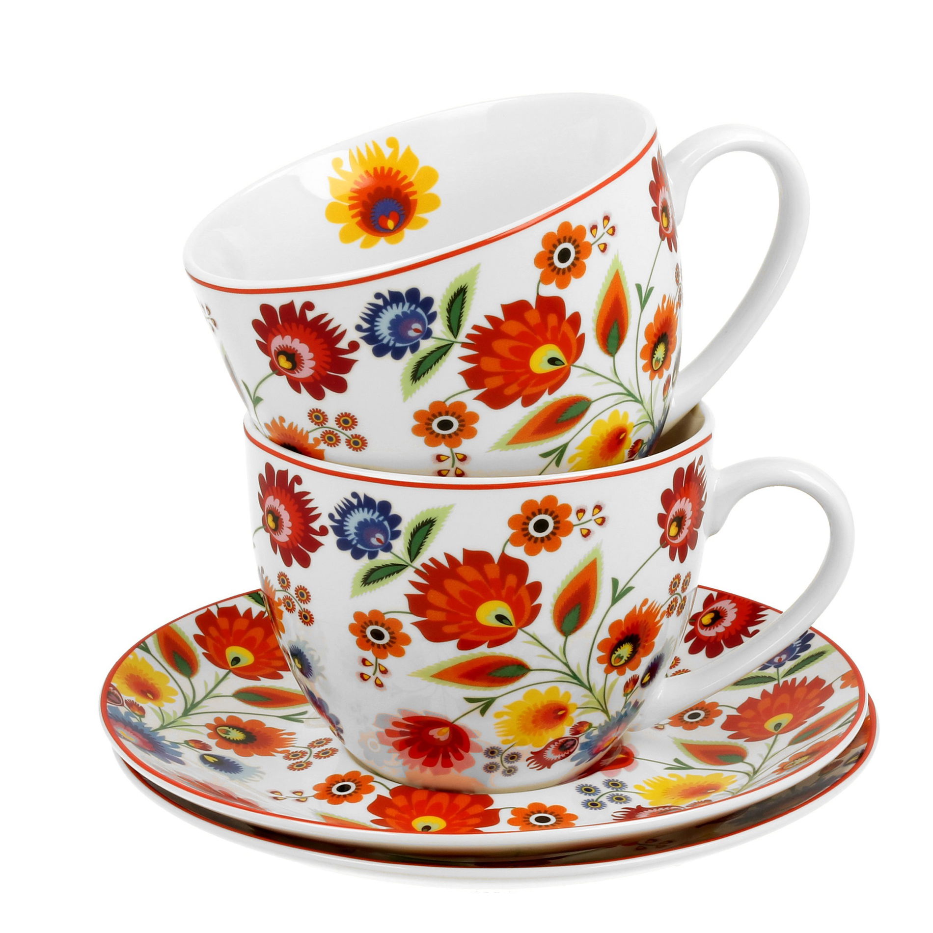 Porcelánové šálky na kávu a čaj s tanierikmi DUO ETNO ĽOWICZ 280 ml 2 ks