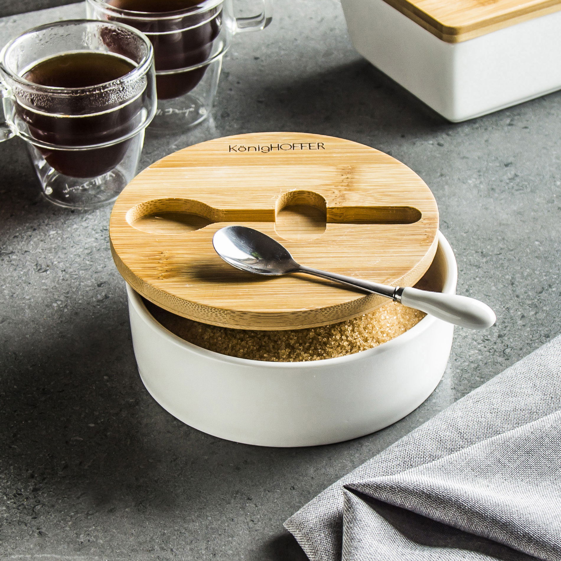 Porcelánová cukřenka s lžičkou KONIGHOFFER BAMBOO WOOD bílá 350 ml