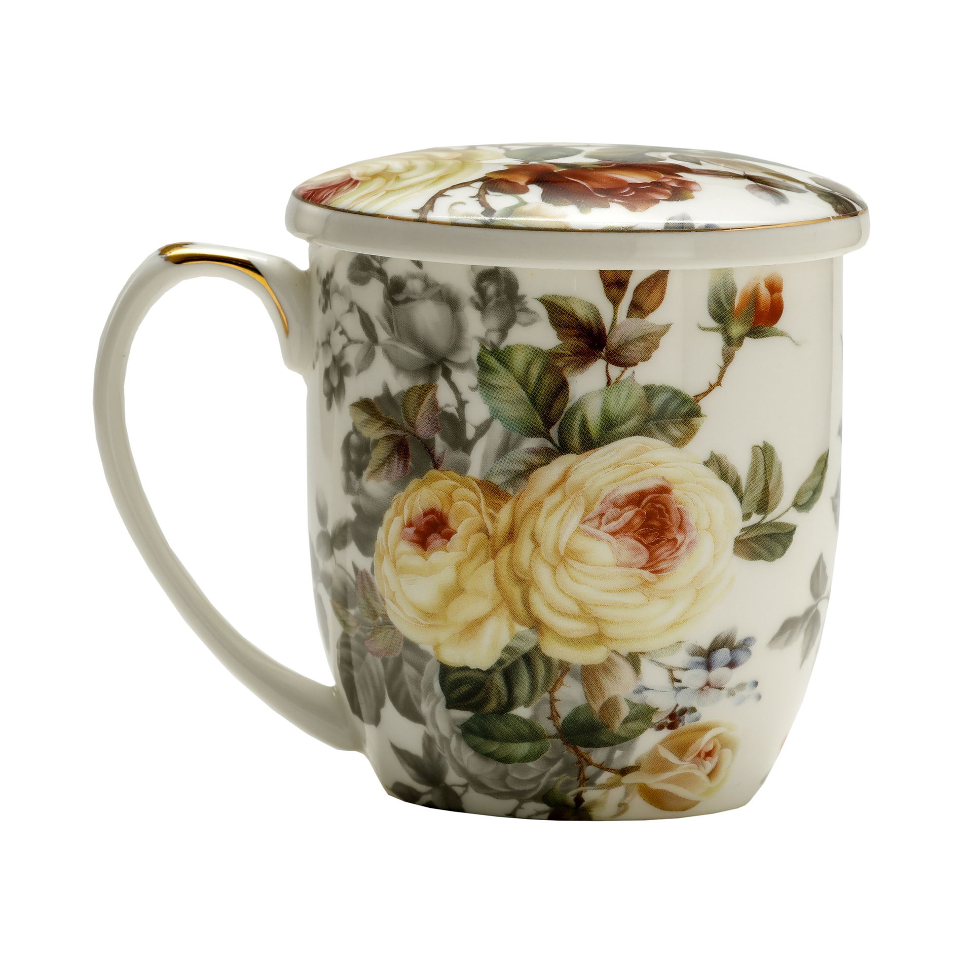 Porcelánový hrnček s čajovým infúzerom a viečkom KREMOVÁ RUŽA BIELY 420 ml