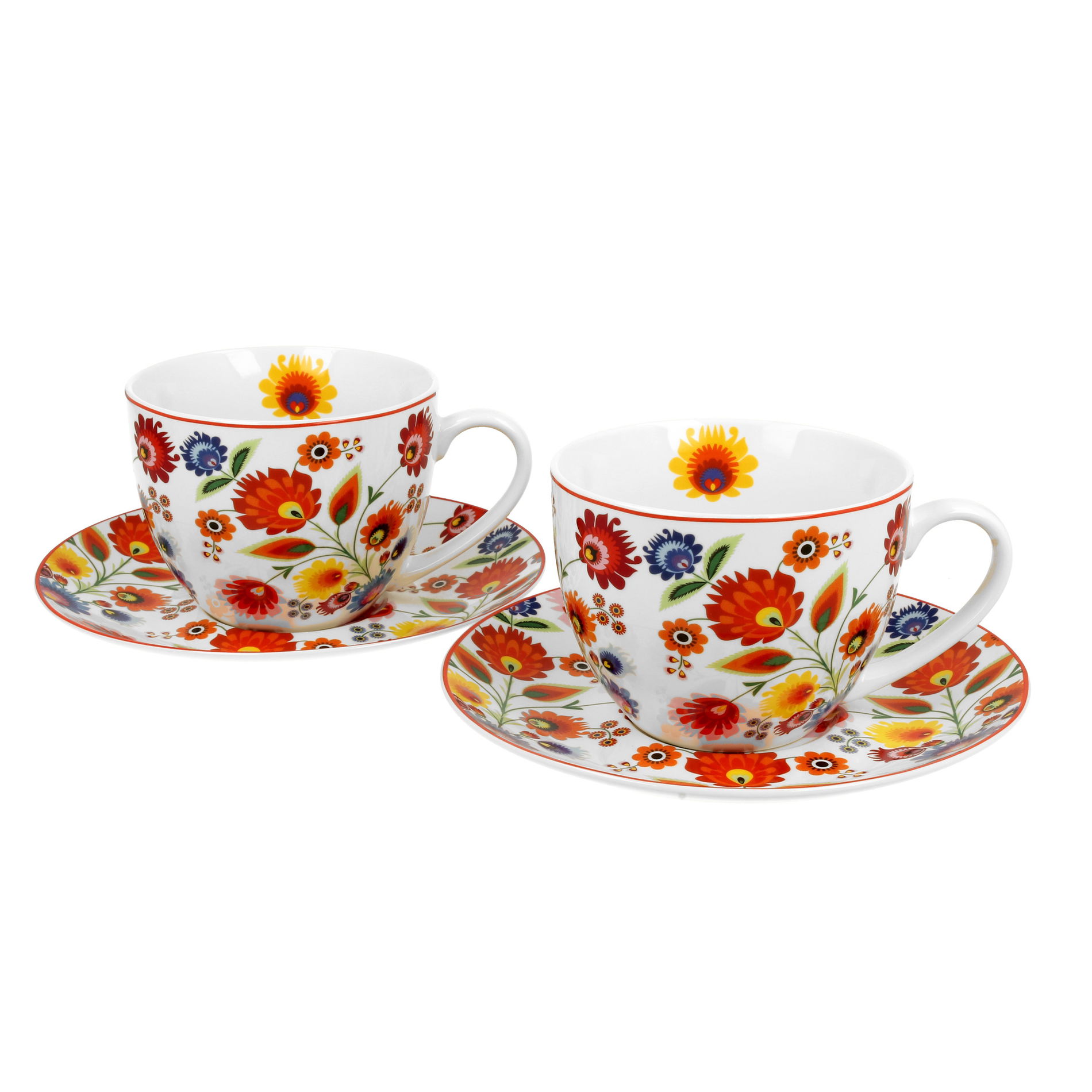 Porcelánové šálky na kávu a čaj s tanierikmi DUO ETNO ĽOWICZ 280 ml 2 ks