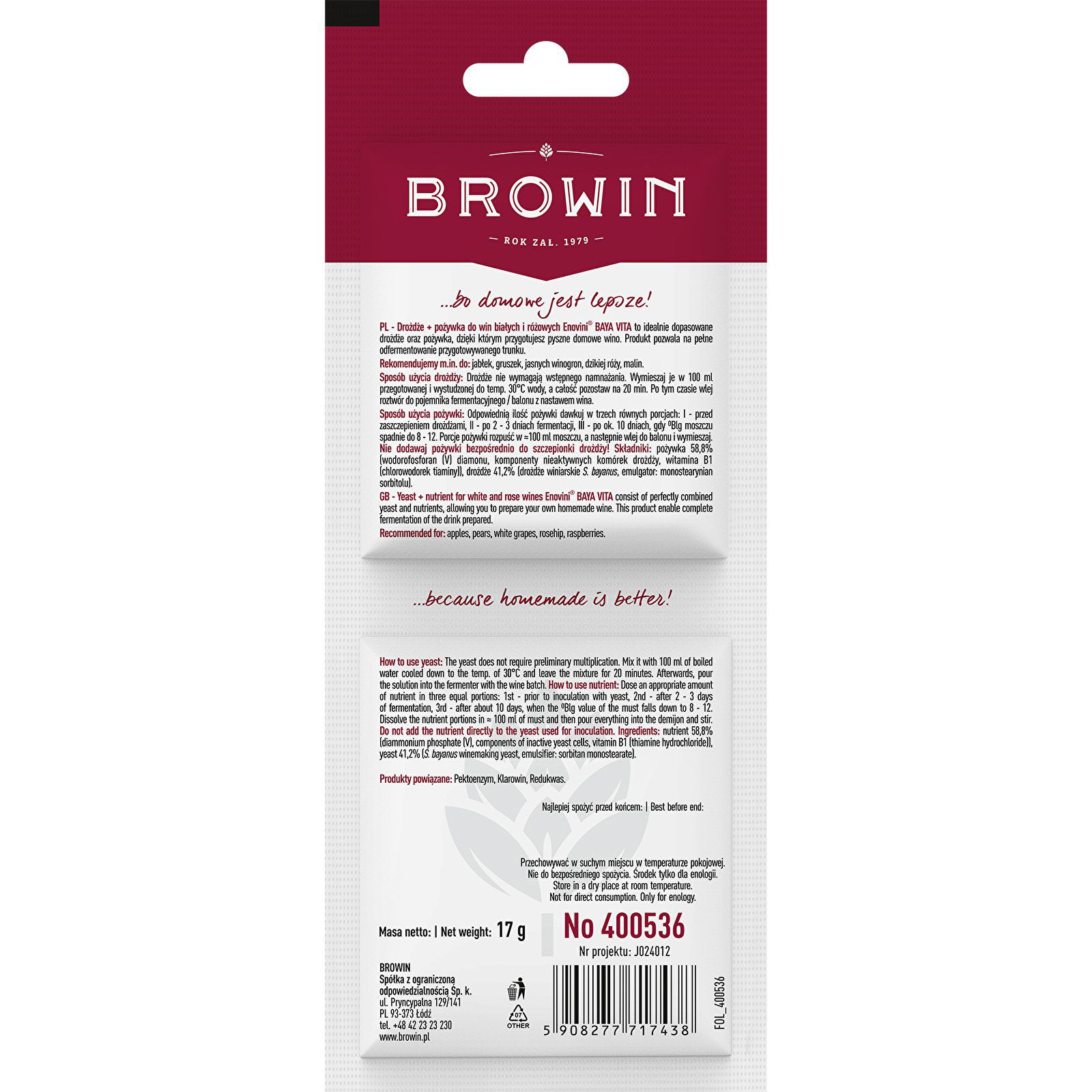 BROWIN Wine 17 g - vinné kvasinky + médium pro bílé a růžové víno
